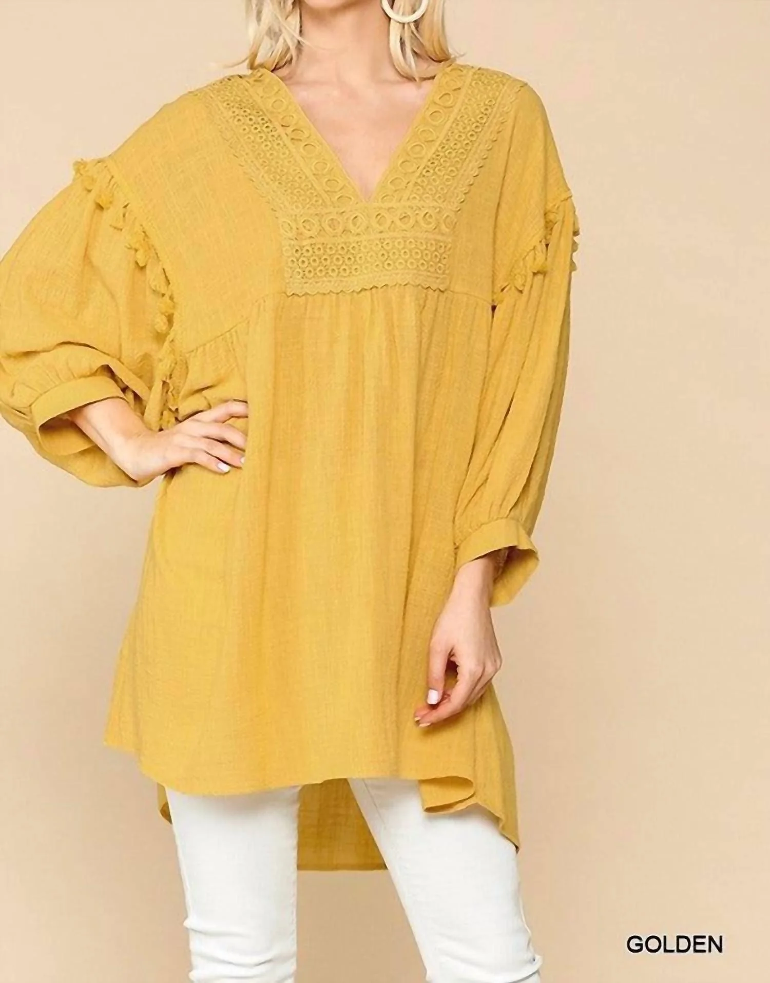 Crochet V-Neck Swing Hi-Lo Hem Top In Golden