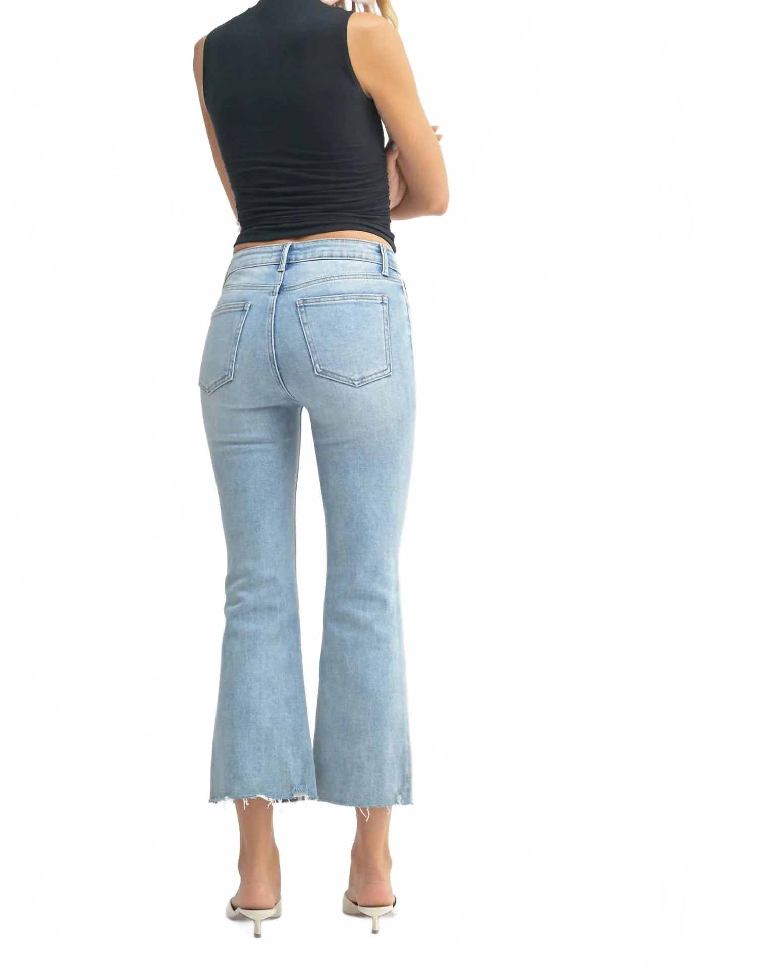 Crop Flare Distressed Hem Jeans In Light Denim - Image 3