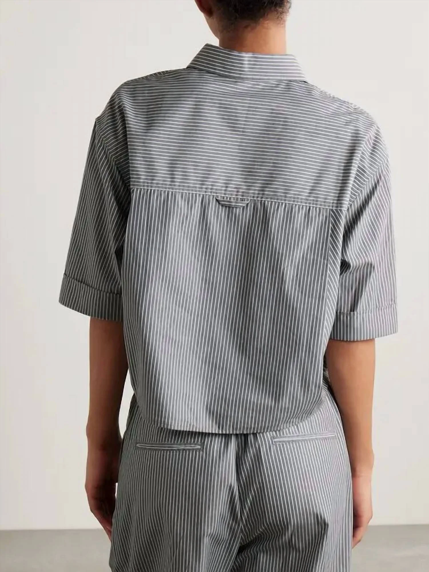 Crop Oversized Short Sleeve Shirt In Grey Railroad Stripe - Image 2