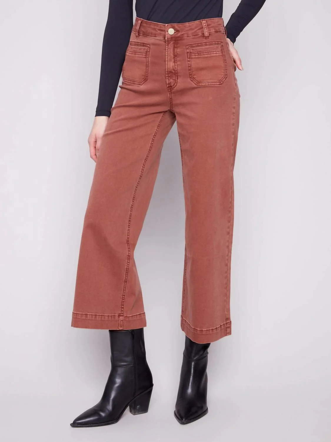 Cropped Flair Legged Front Patch Pocket Pant In Sepia - Image 3