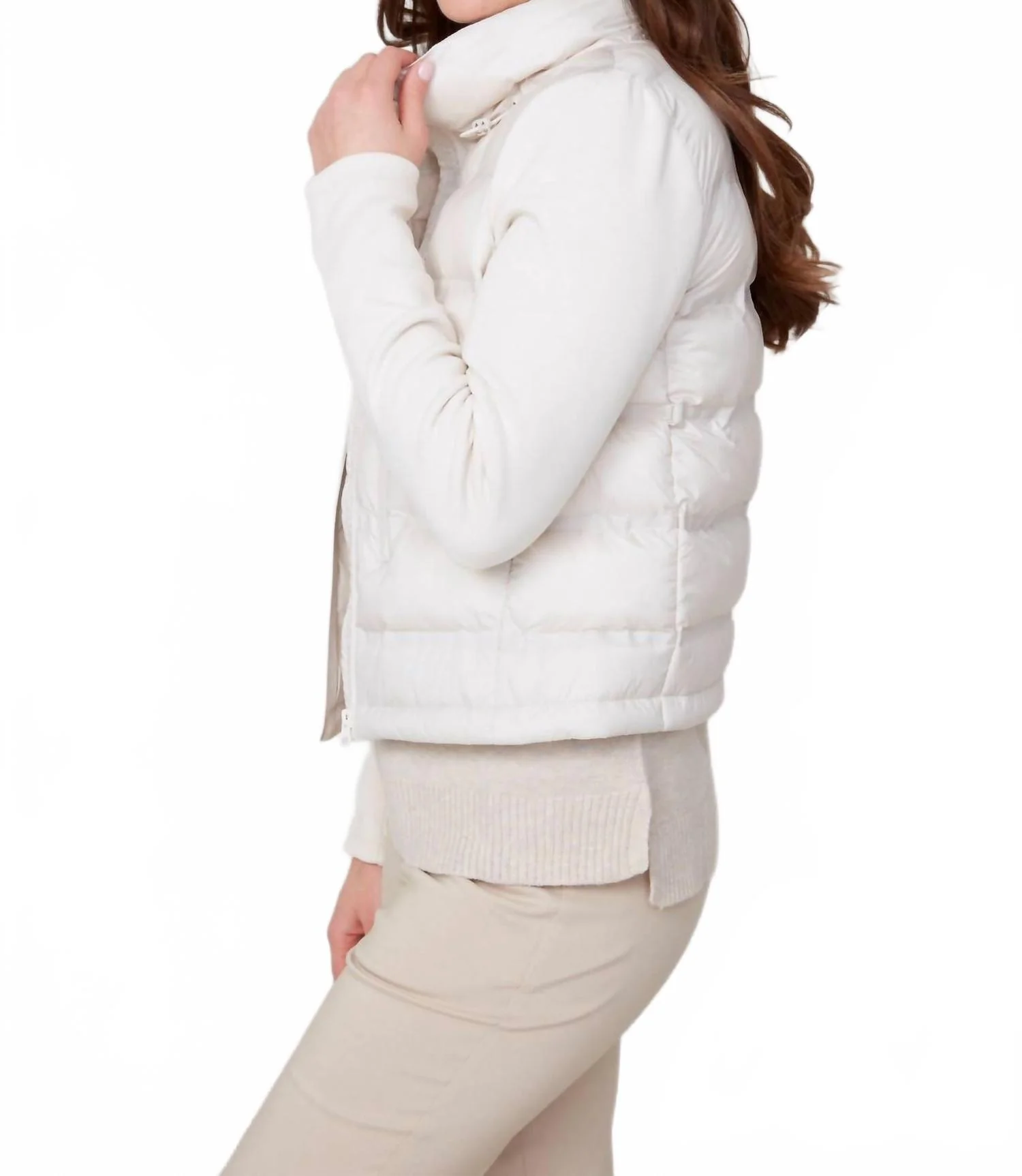 Cropped Mixed Media Puffer Jacket In Oyster - Image 3