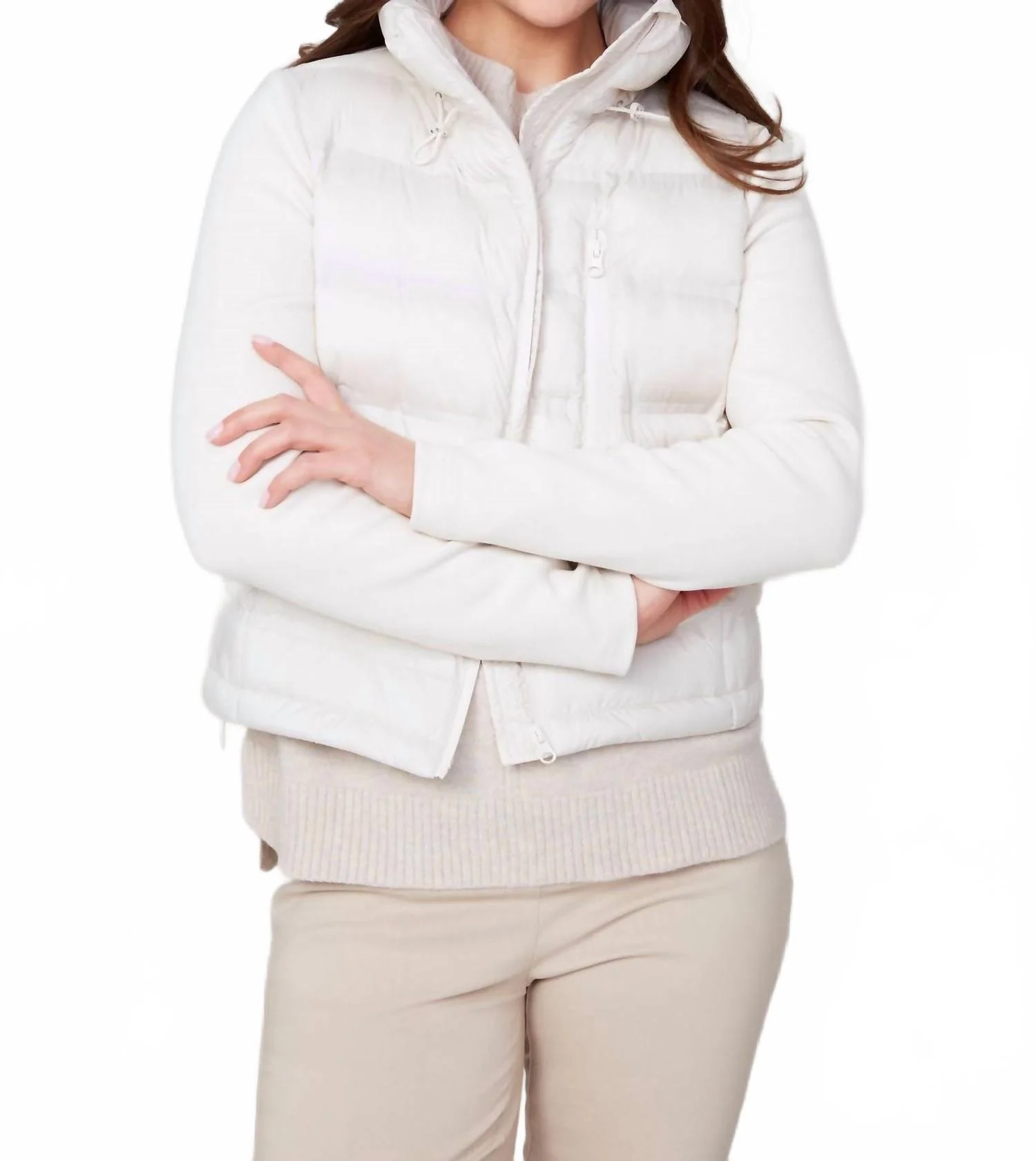 Cropped Mixed Media Puffer Jacket In Oyster - Image 4