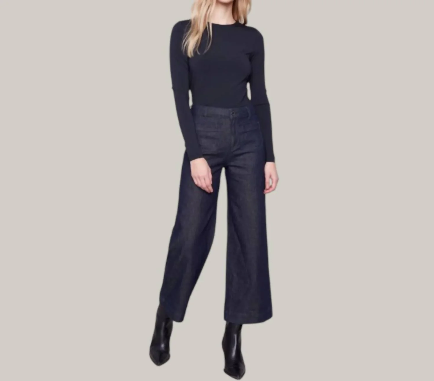 Cropped Patch Pocket Flare Lurex Denim Pants In Blue Black
