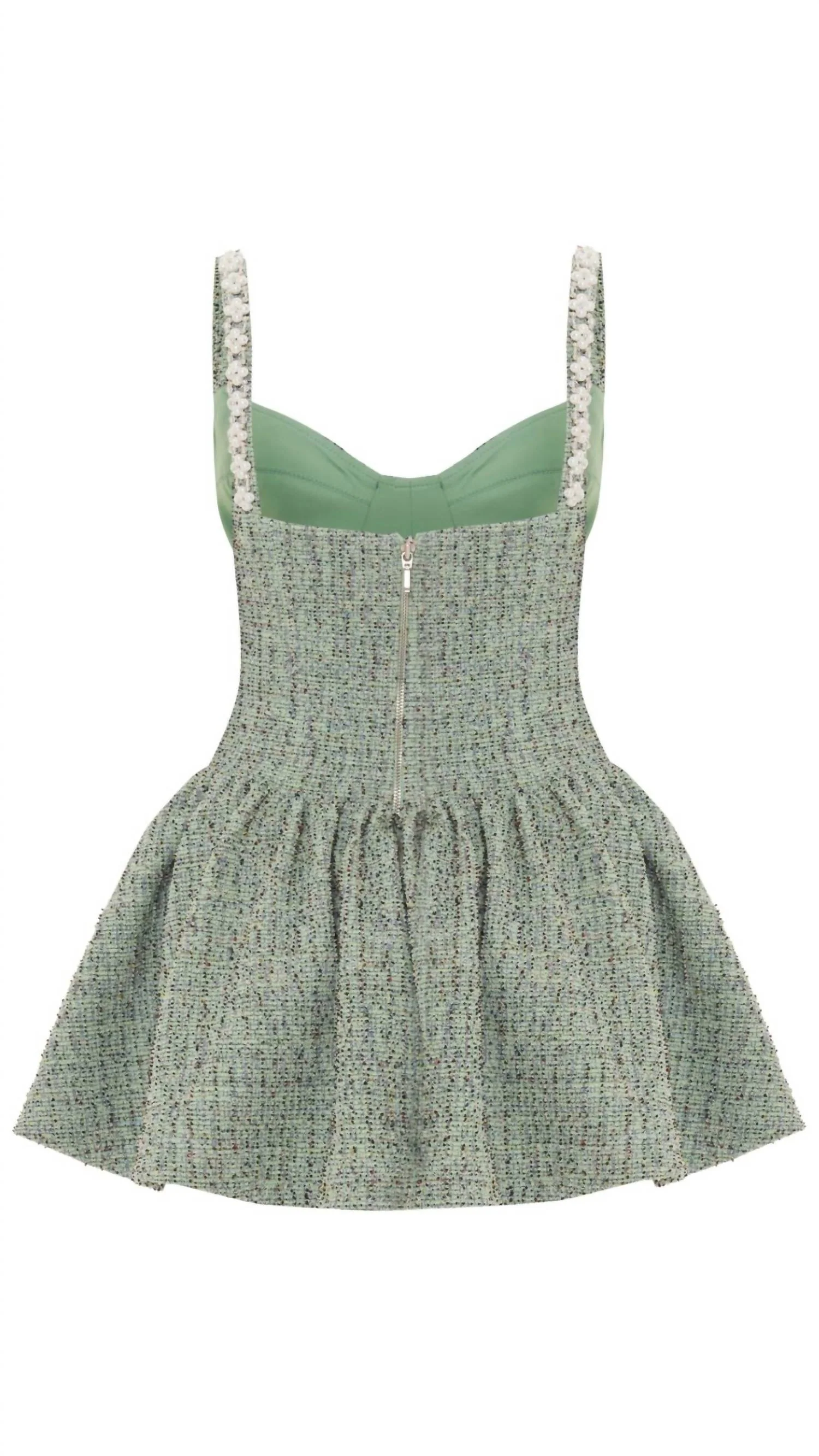 Crystal Tweed Mini Dress In Green - Image 3
