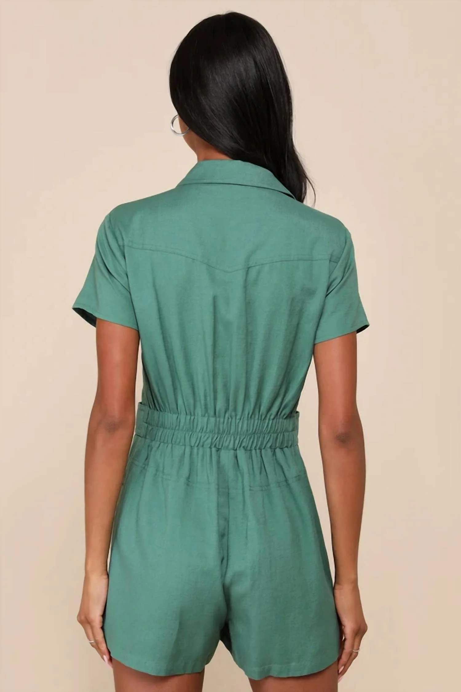 Cuteness Awaits Linen Collared Short Sleeve Romper In Green - Image 2
