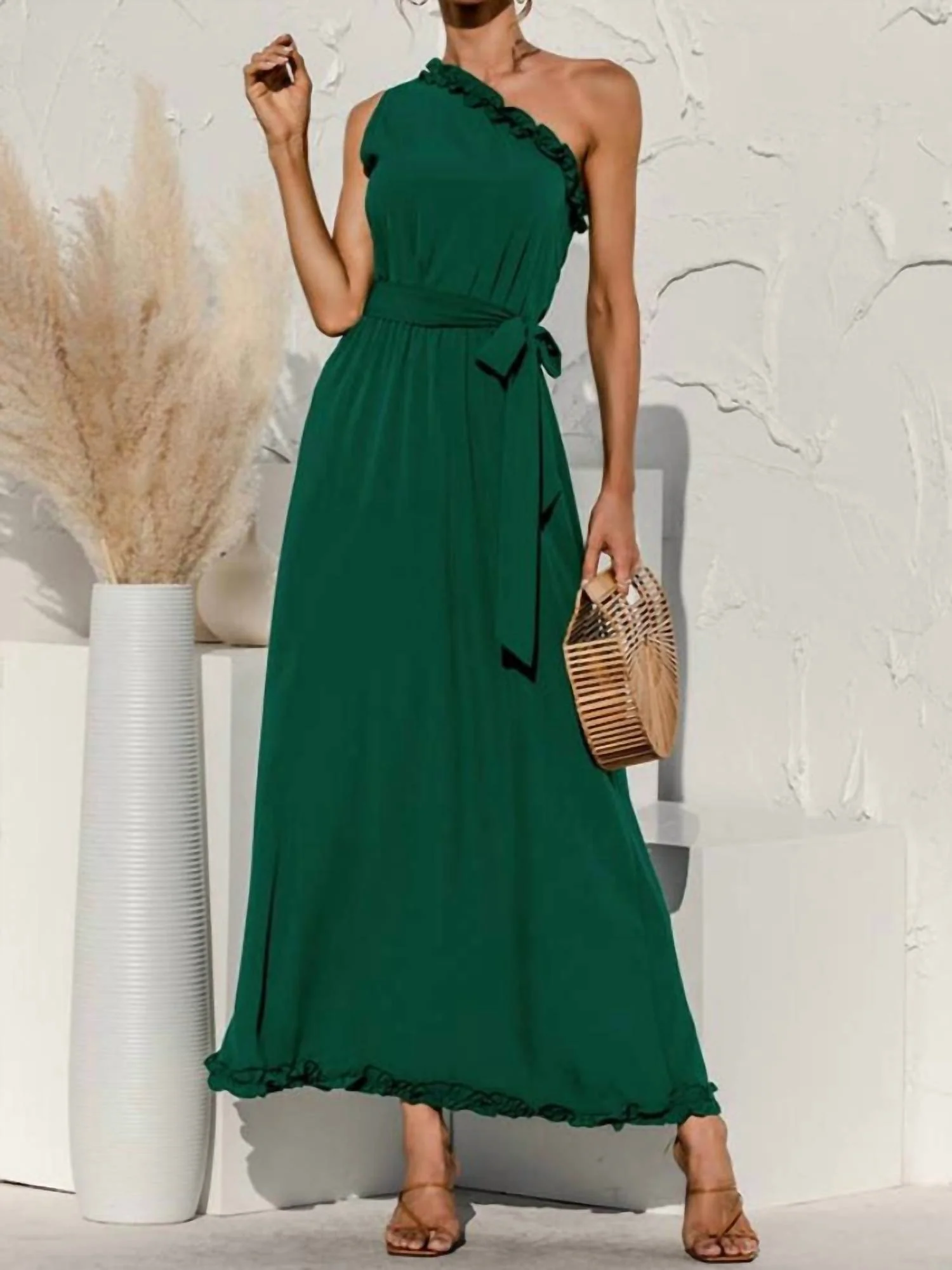 Date Night One Shoulder Dress In Emerald Green - Image 2