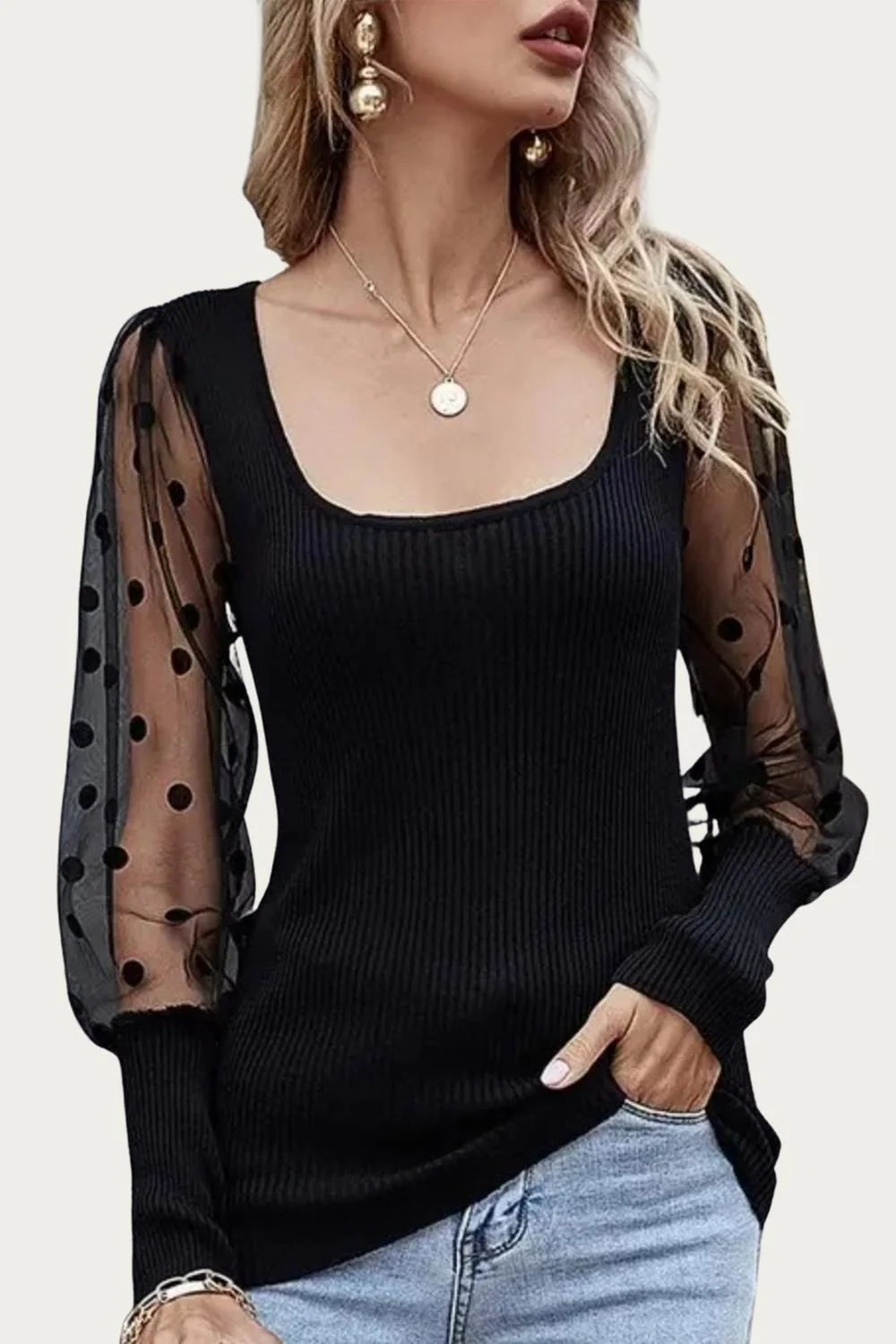 Daydream Polka Dot Mesh Sleeve Top In Black