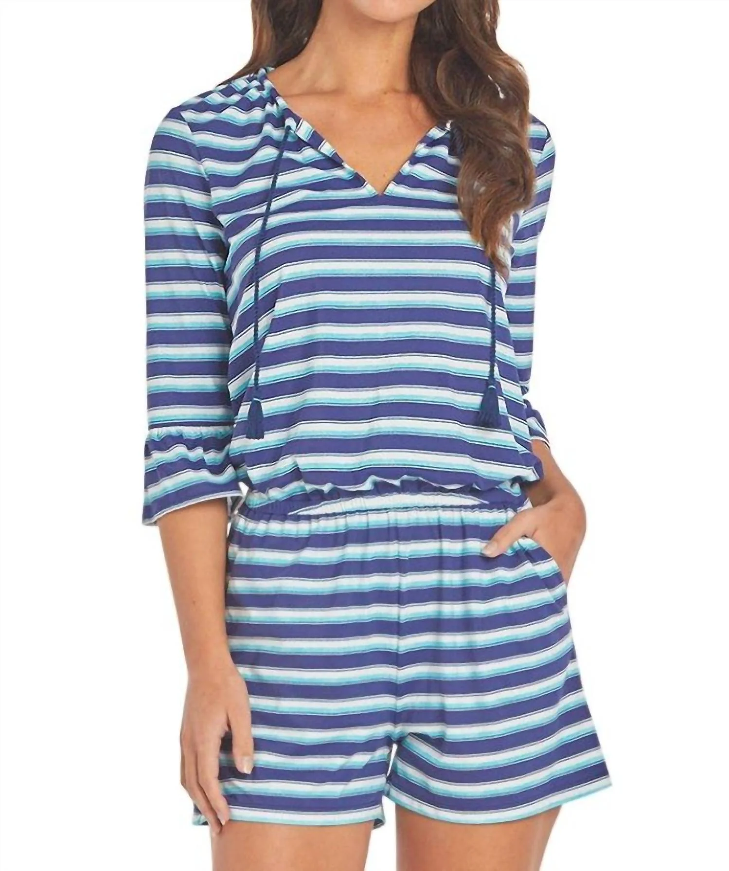 Delray Ruffle Sleeve Romper In Blue Stripe - Image 2