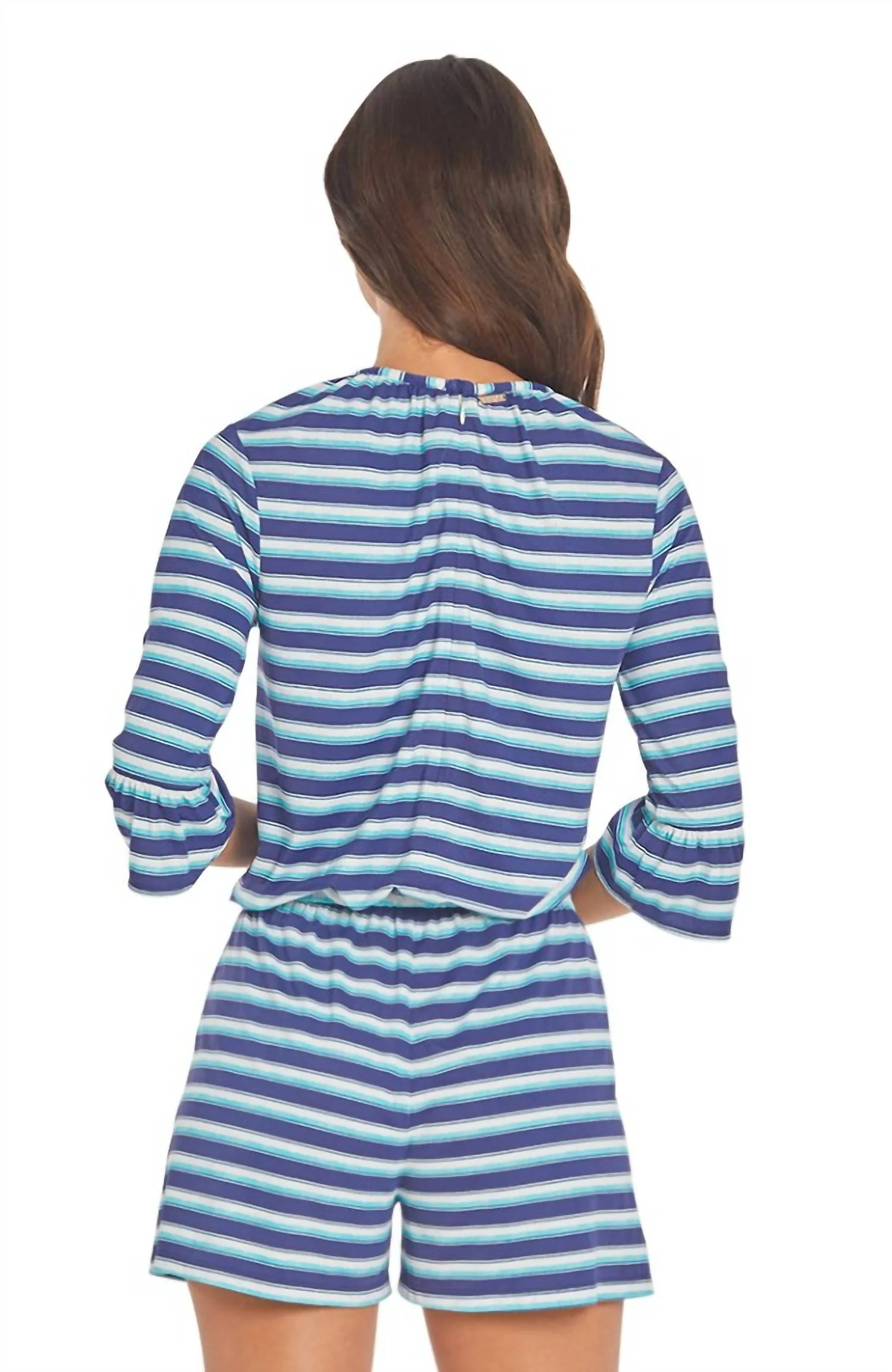 Delray Ruffle Sleeve Romper In Blue Stripe - Image 3