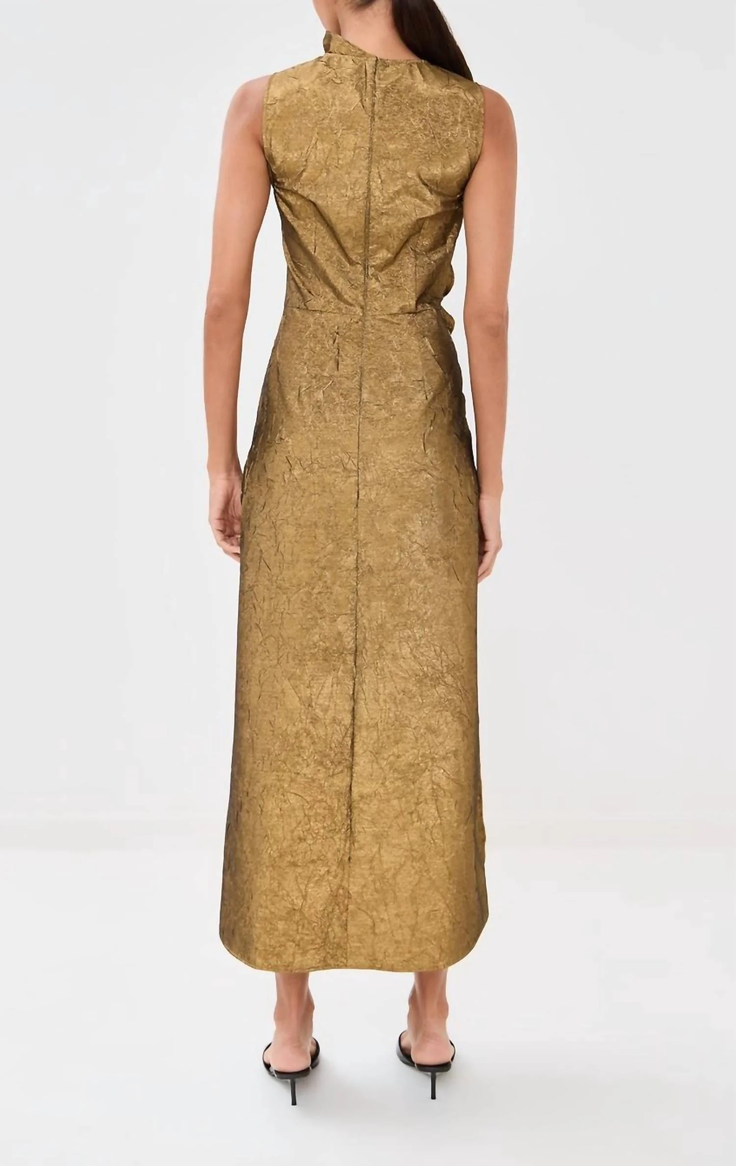 Demetria Sleeveless Ruched Front Midi Dress In Gold Leaf - Image 2