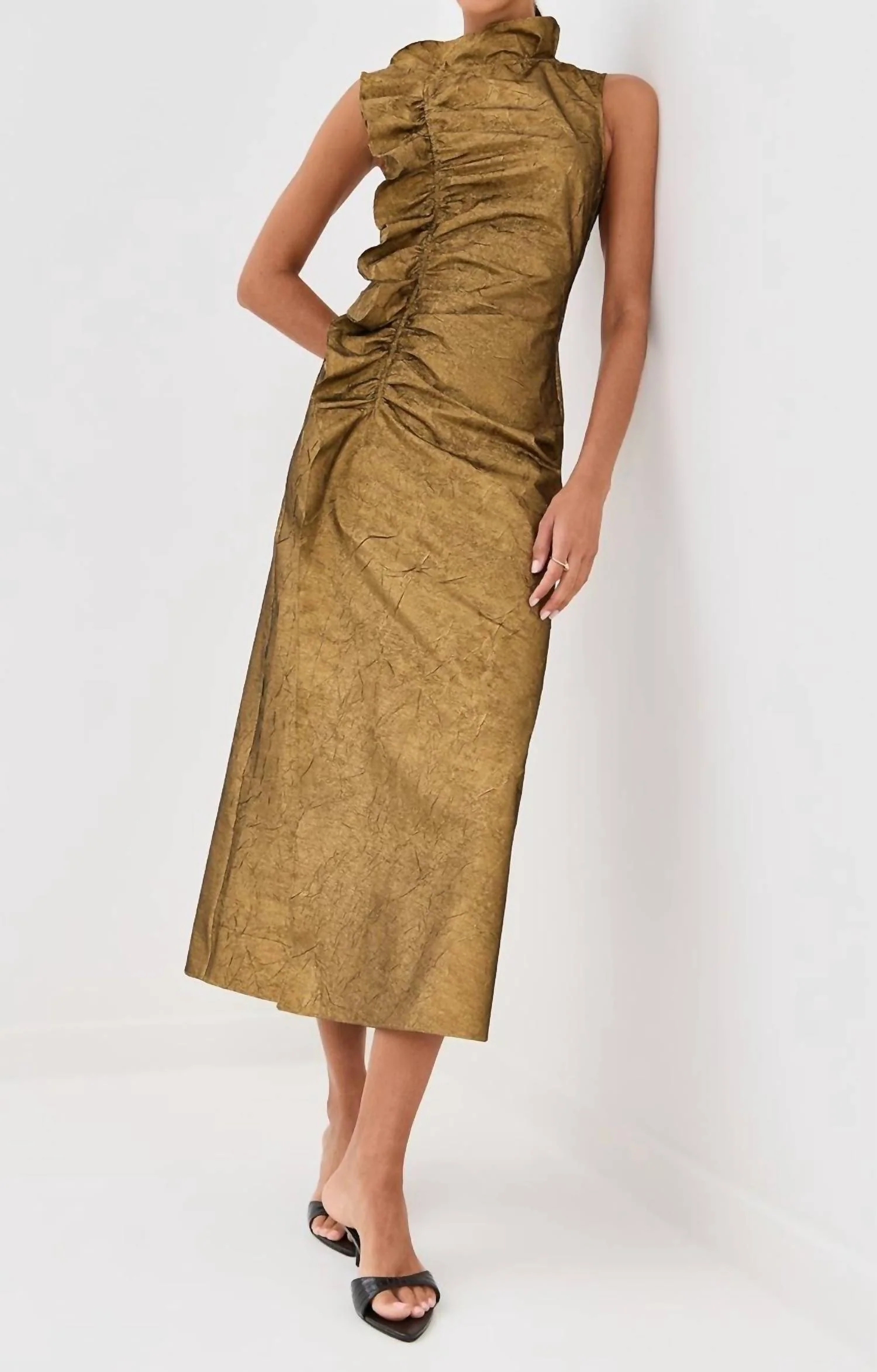 Demetria Sleeveless Ruched Front Midi Dress In Gold Leaf - Image 4