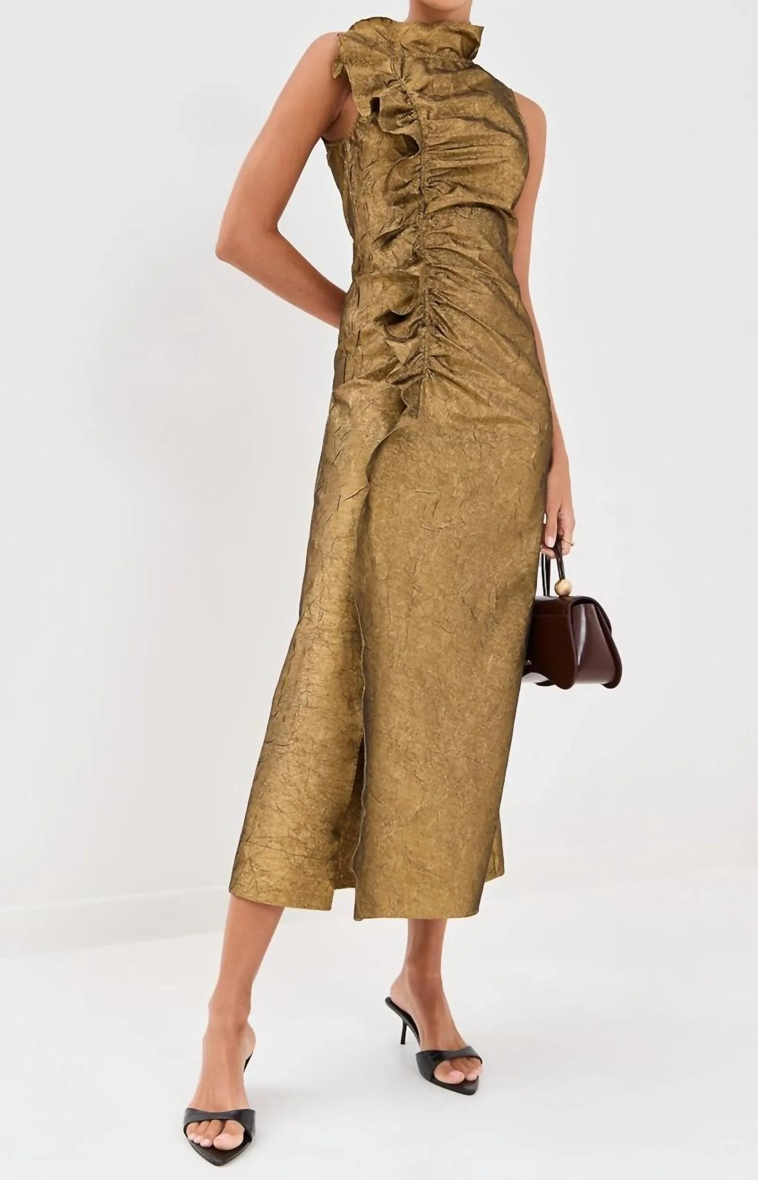 Demetria Sleeveless Ruched Front Midi Dress In Gold Leaf - Image 5