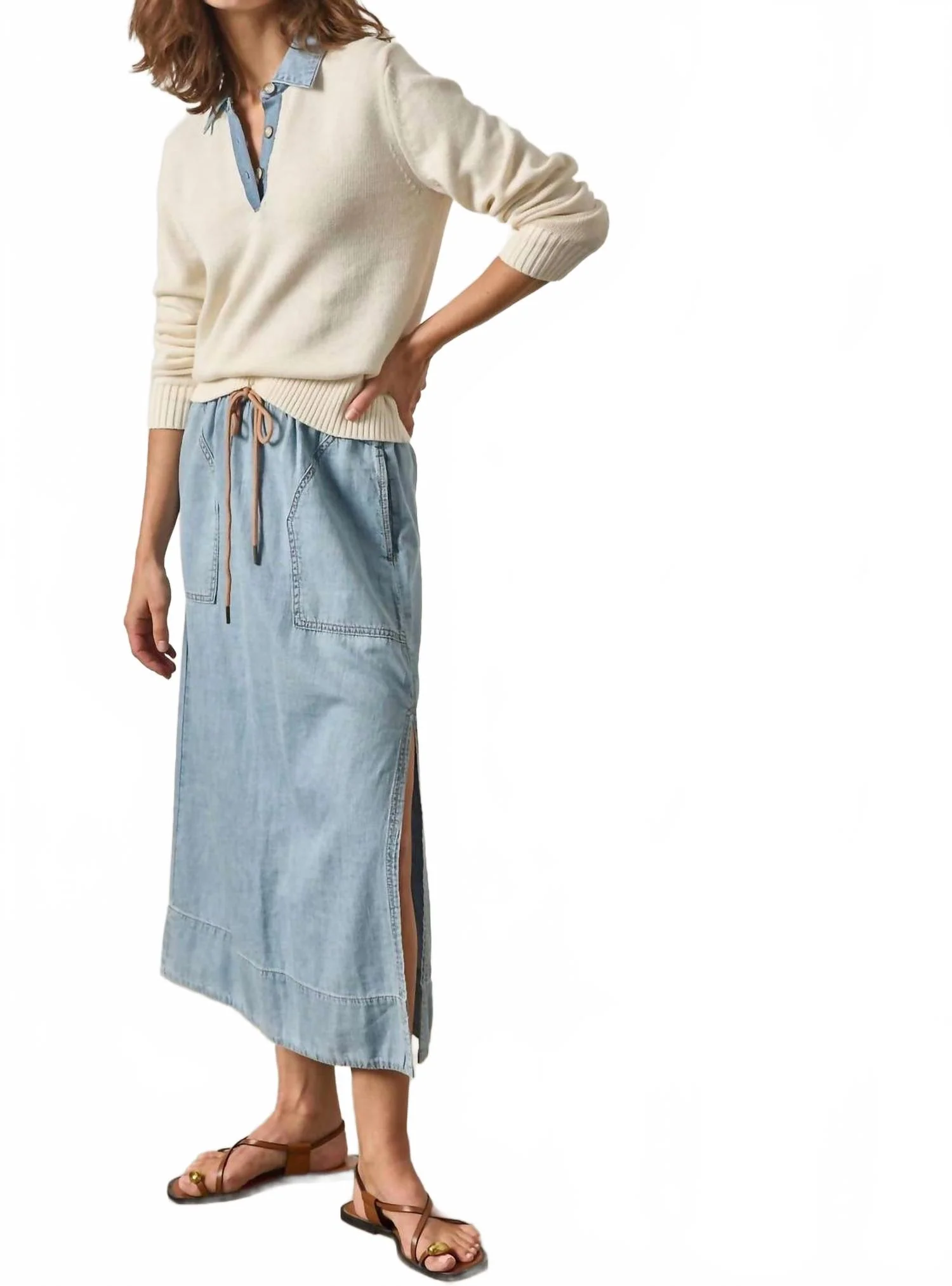 Denim Collar Polo Sweater In Off White - Image 2