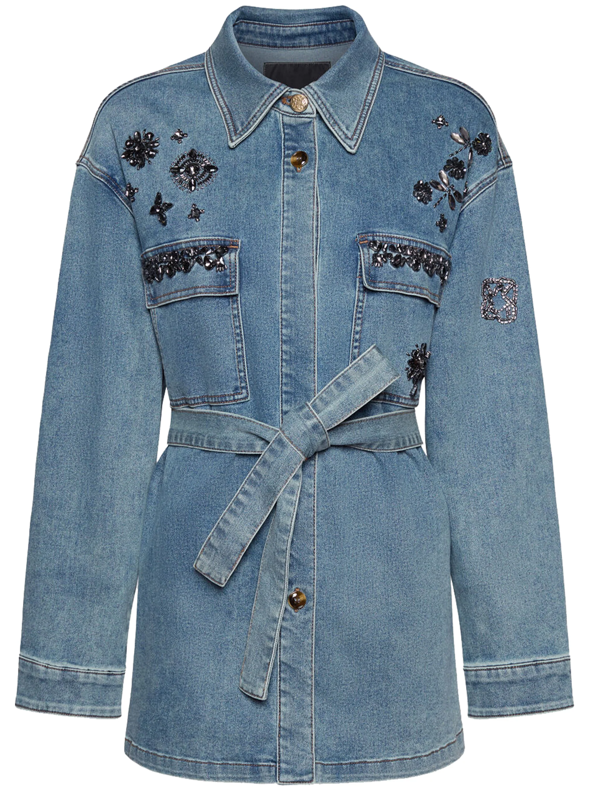 Denim Overshirt Beaded Embellished Belted Jacket