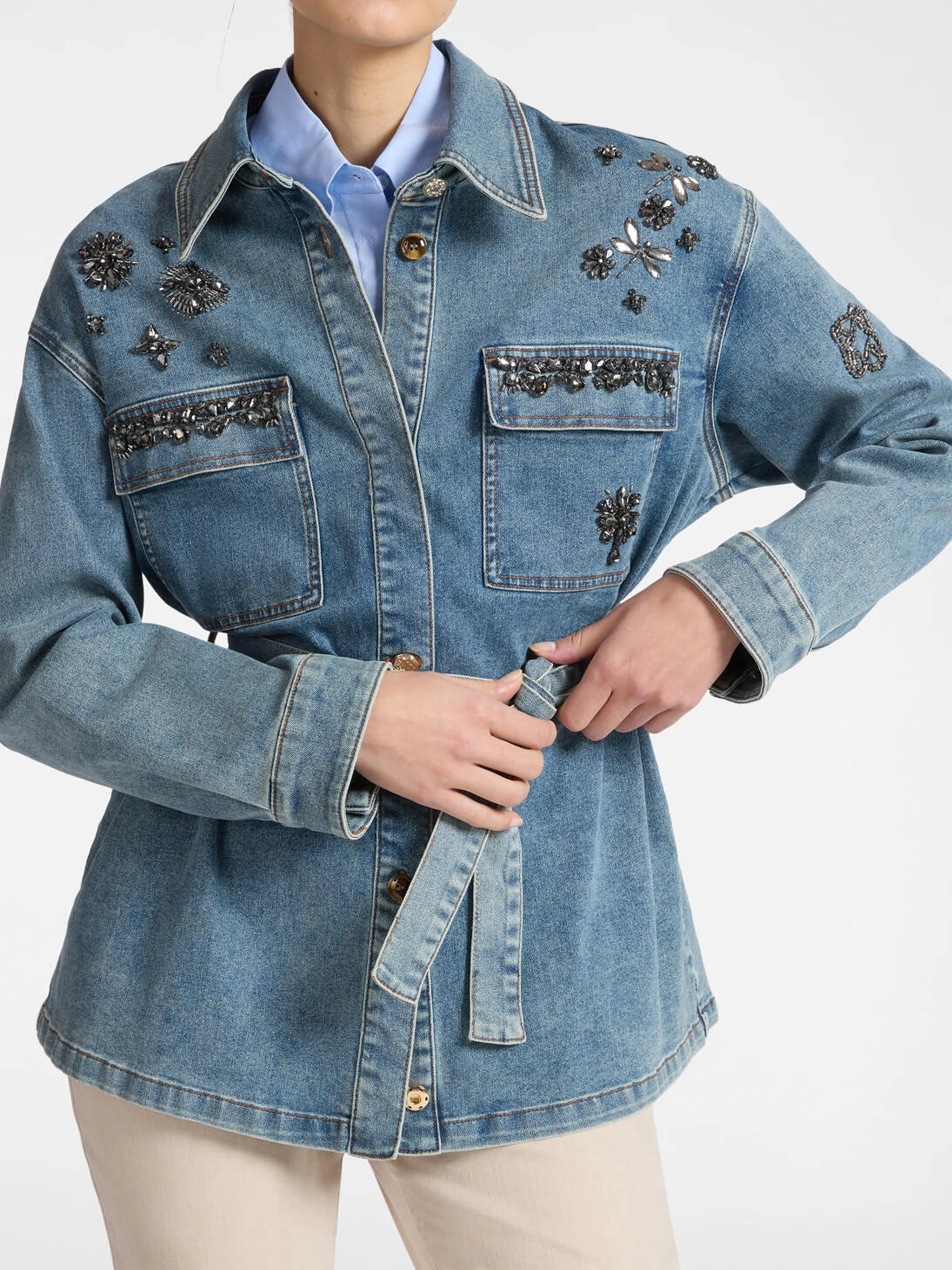 Denim Overshirt Beaded Embellished Belted Jacket - Image 2