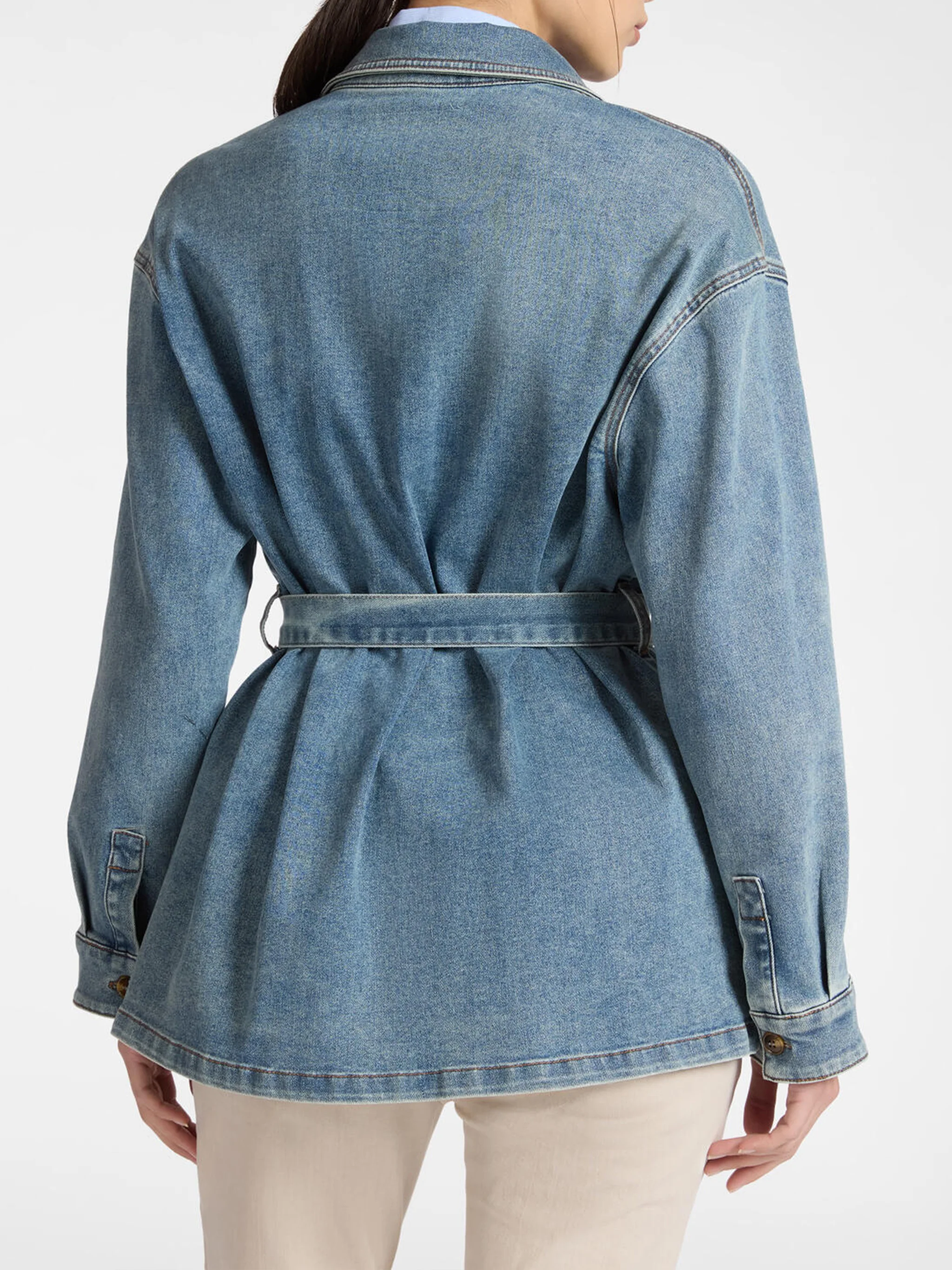 Denim Overshirt Beaded Embellished Belted Jacket - Image 3