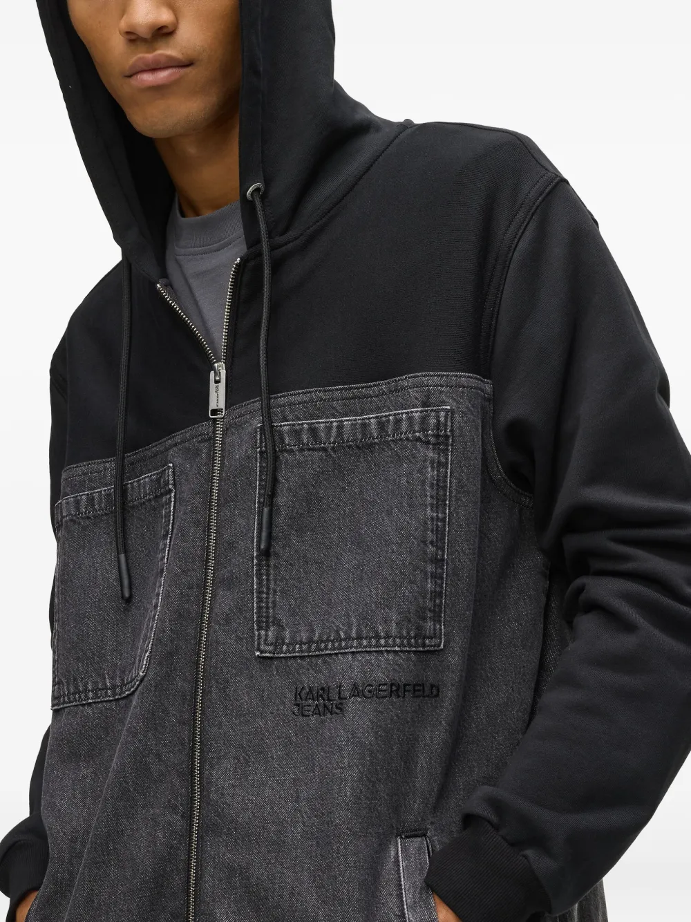 Denim-Panel Jacket with Hood and Ribbed Cuffs - Image 5