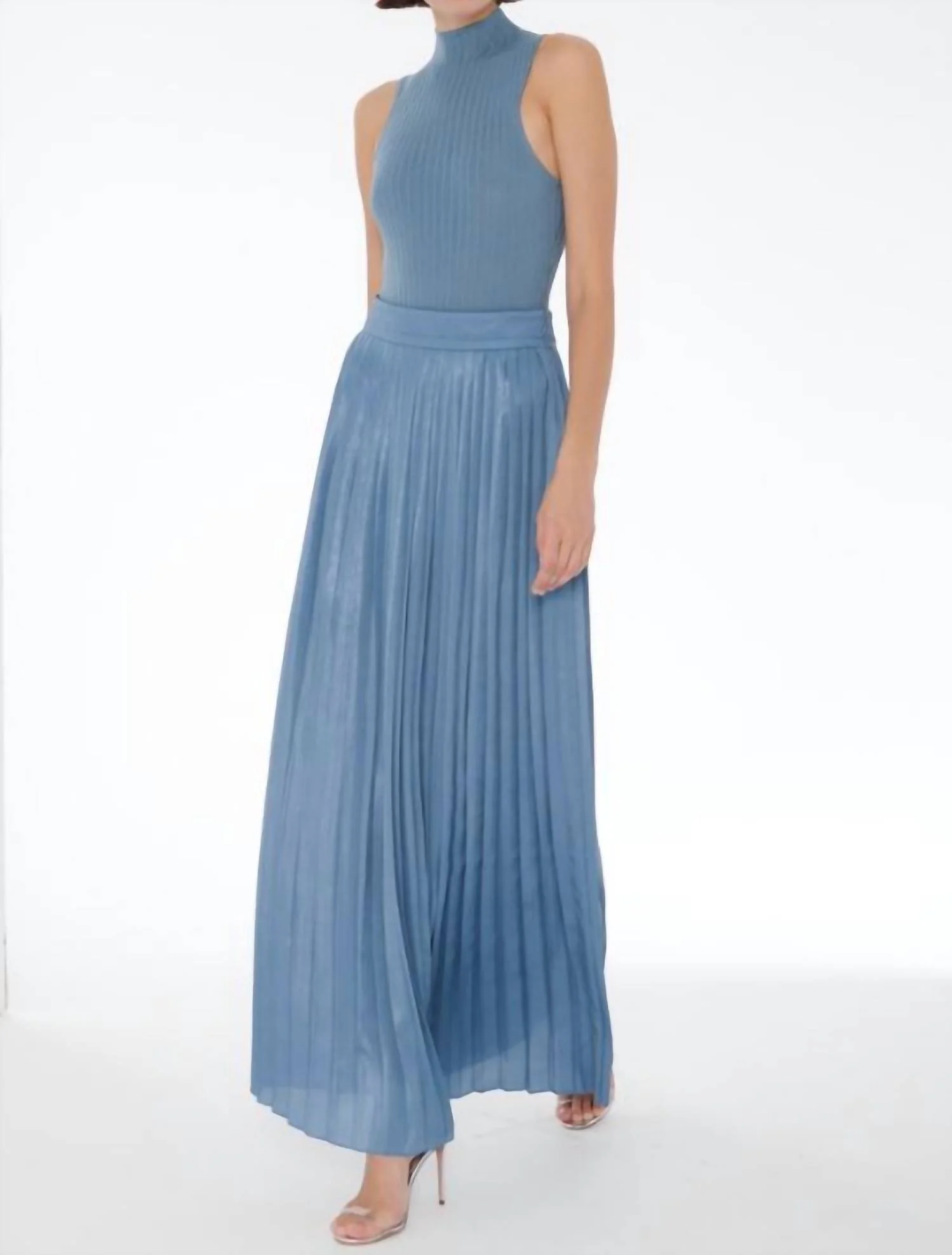 Dillon Pleated Maxi Skirt In Steel Blue