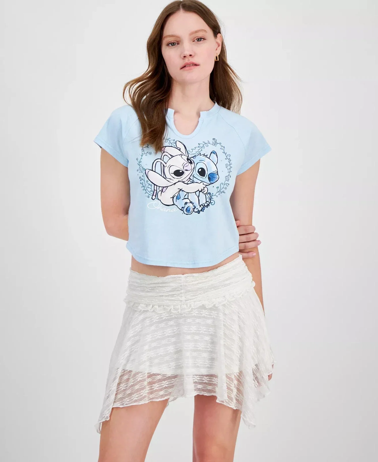Disney Tee Women Juniors Blue Stitch And Angel Print Raglan Sleeve PAL171