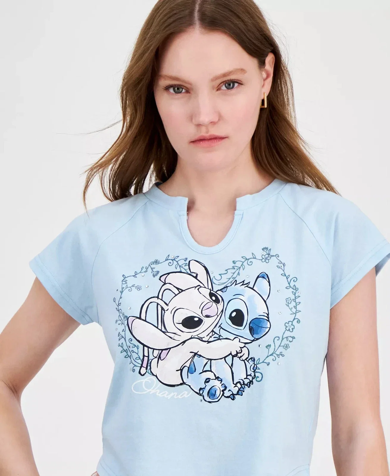 Disney Tee Women Juniors Blue Stitch And Angel Print Raglan Sleeve PAL171 - Image 4