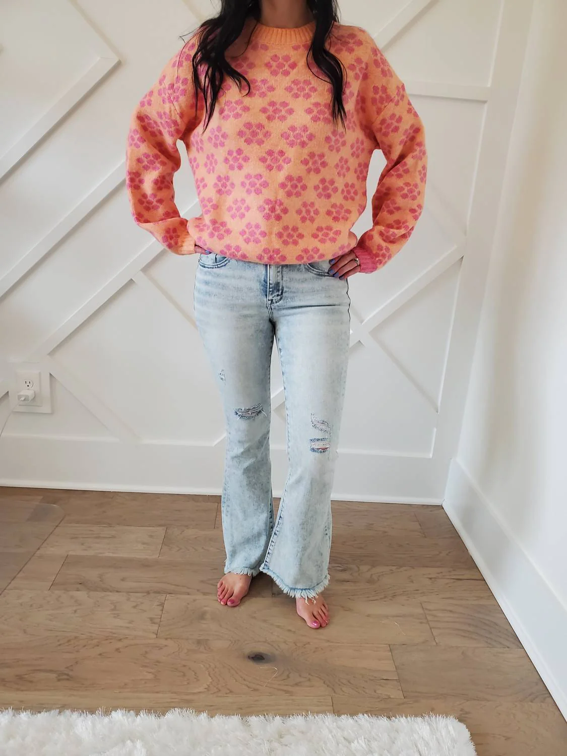 Distressed Mid Rise Stretch Flare Jeans In Light Wash