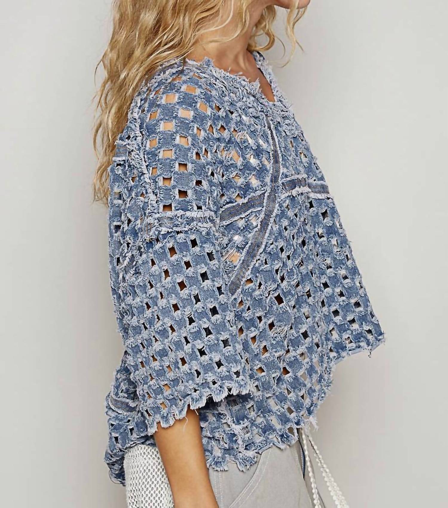 Distressed Open Knit Denim Top In Light Blue - Image 3
