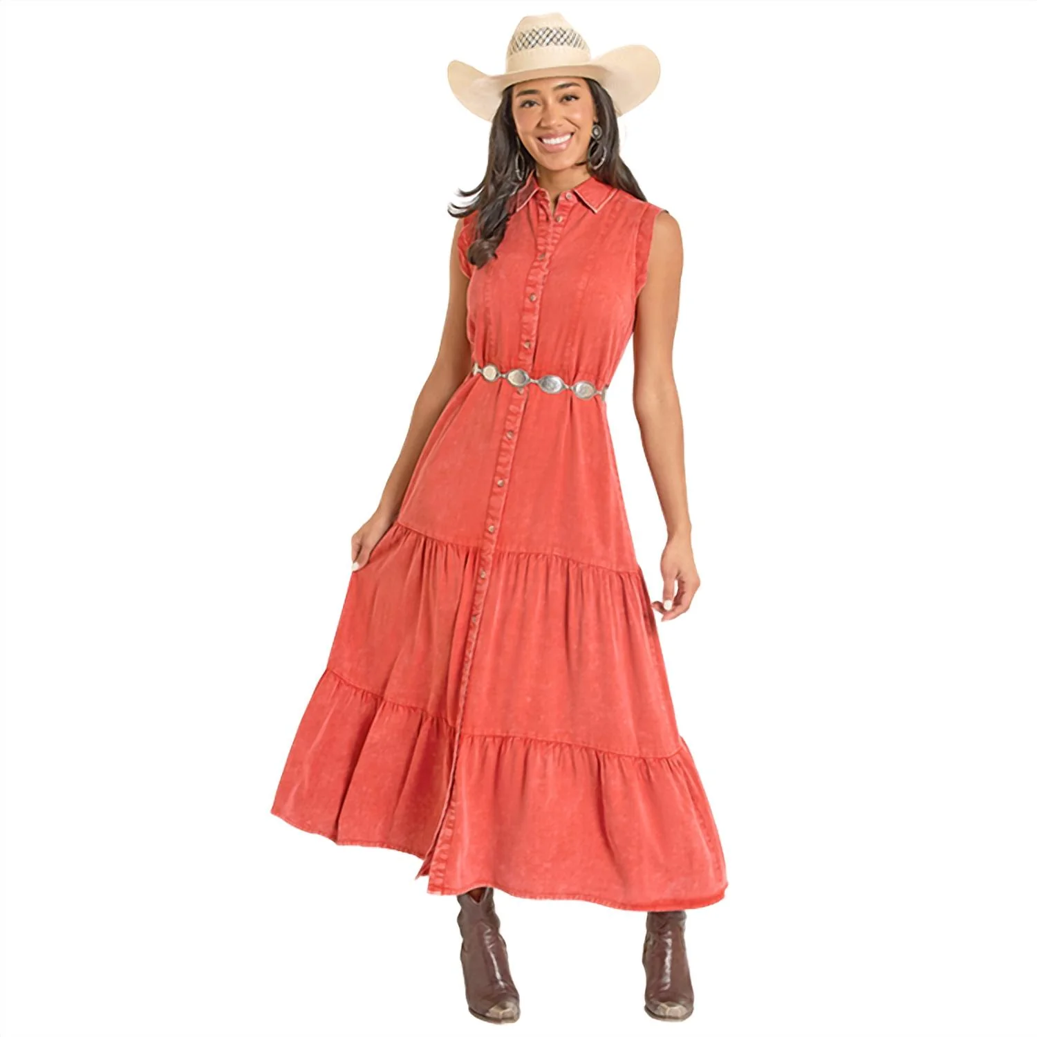 Distressed Sleeveless Dress In Rust
