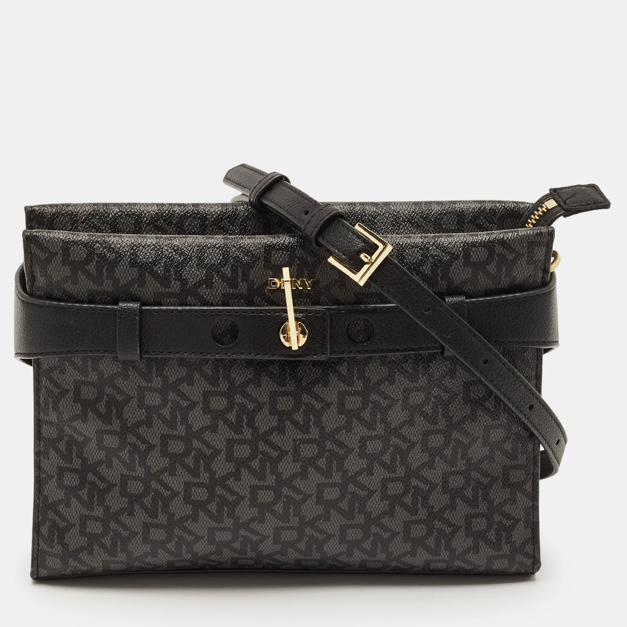 Dkny Bleeker East West Black/grey Monogram Coated Canvas And Leather Crossbody Bag