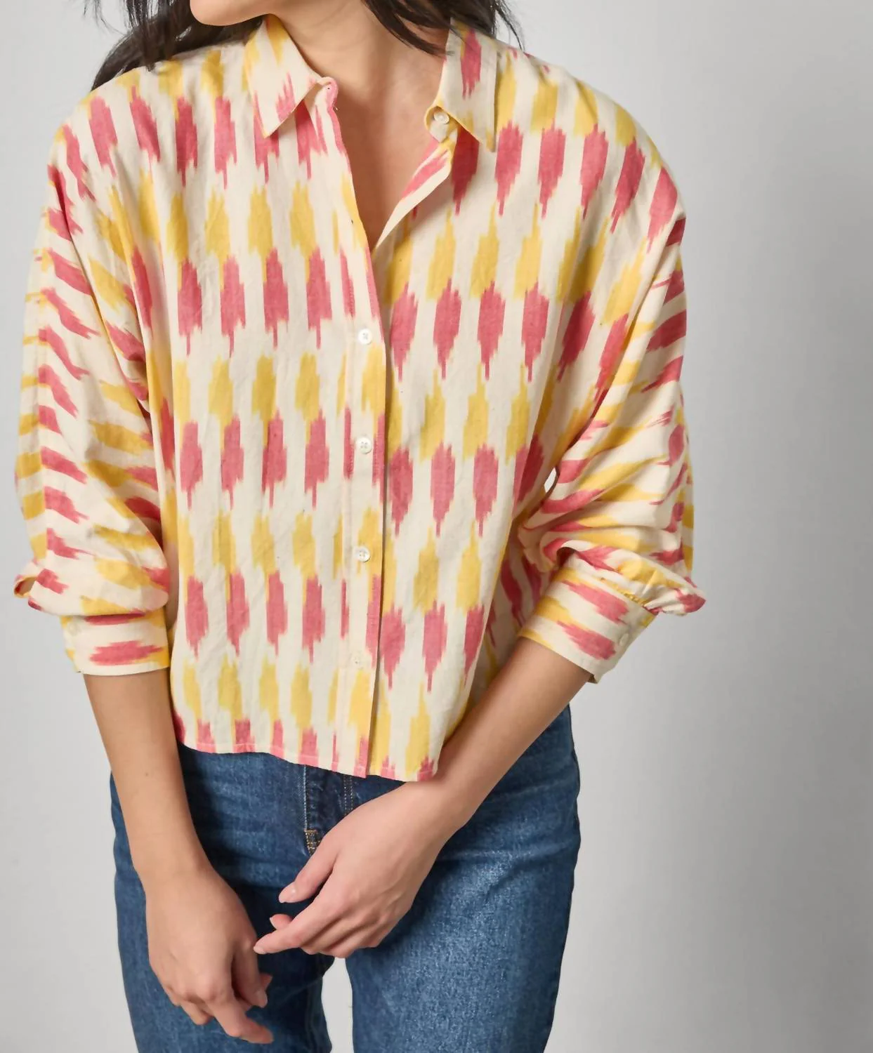 Dolman Button Down Top In Taffy Ikat