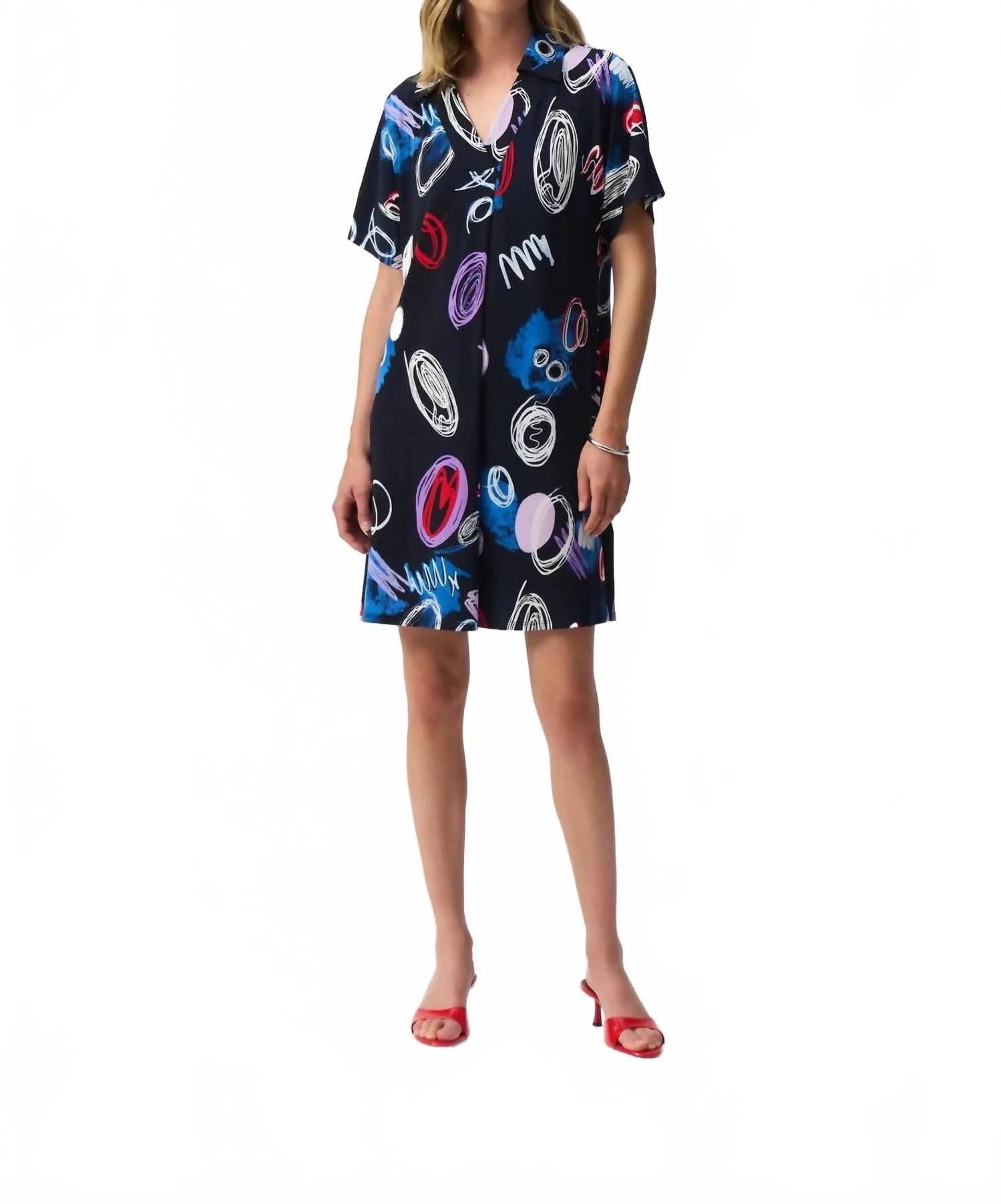 Doodle Print Mini Shift Dress In Midnight Blue/multi