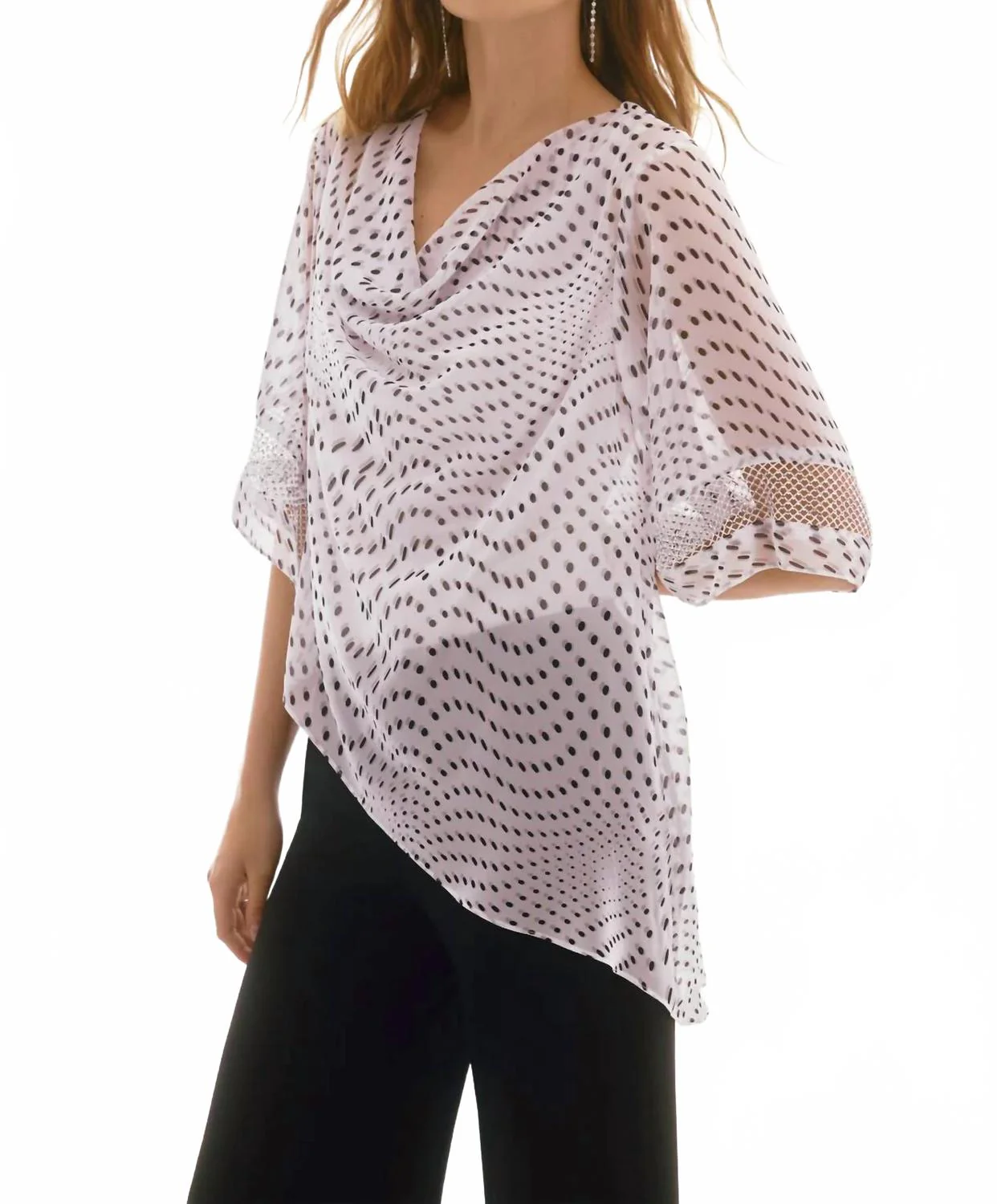Dotted Print Cowl Neck Asymmetric Layered Top In Vanilla/multi - Image 2