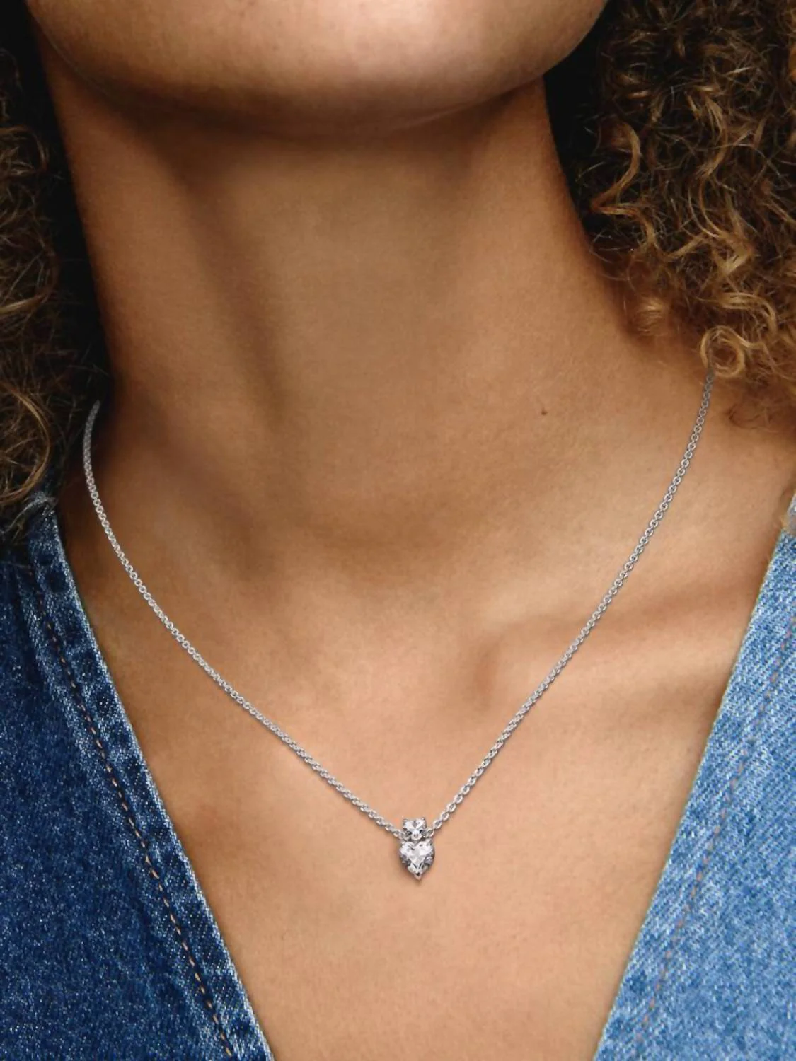 Double Heart Pendant Sparkling Collier Necklace In Silver - Image 2