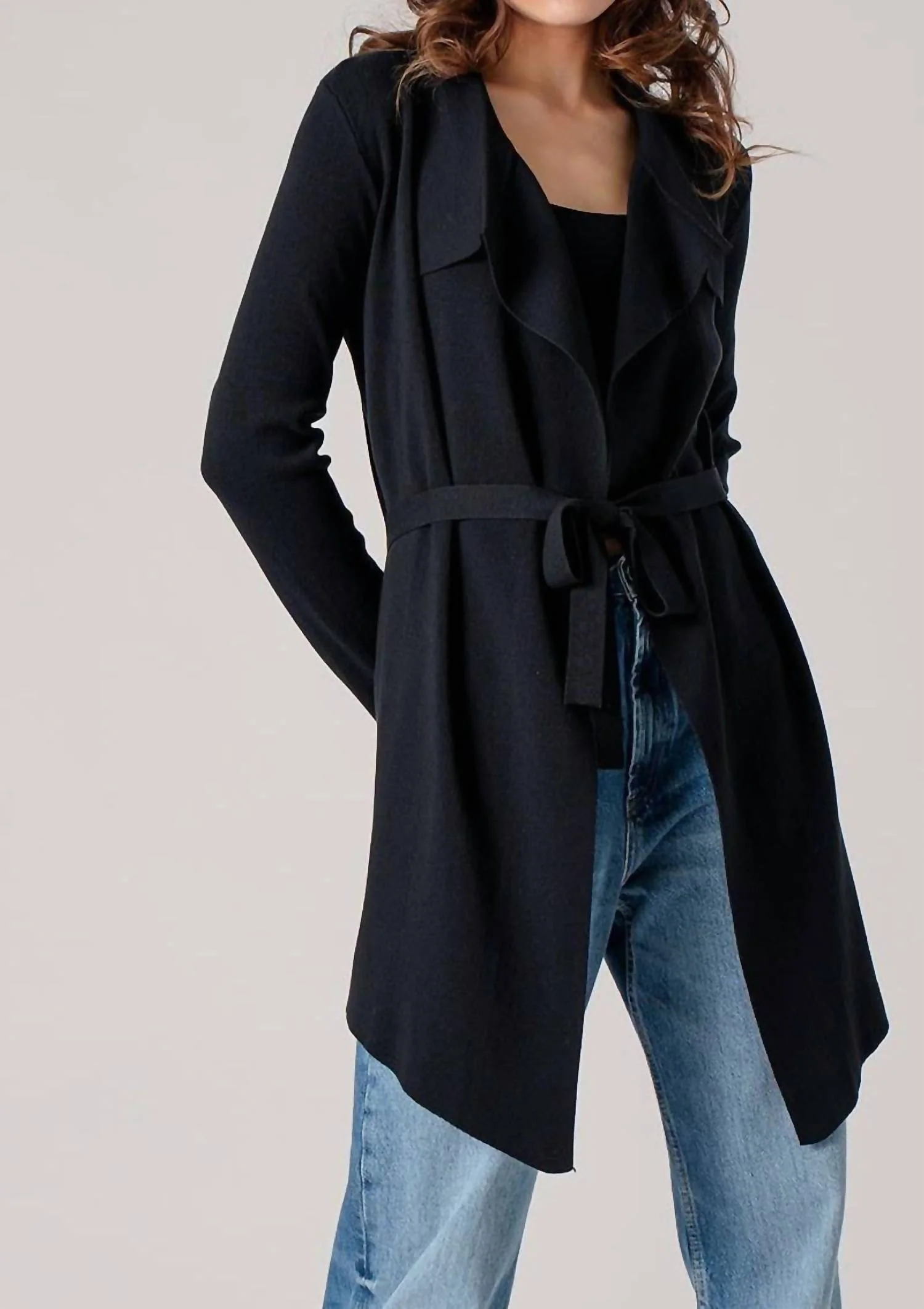 Draped Front Long Sleeve Waist Tie Cardigan In Black