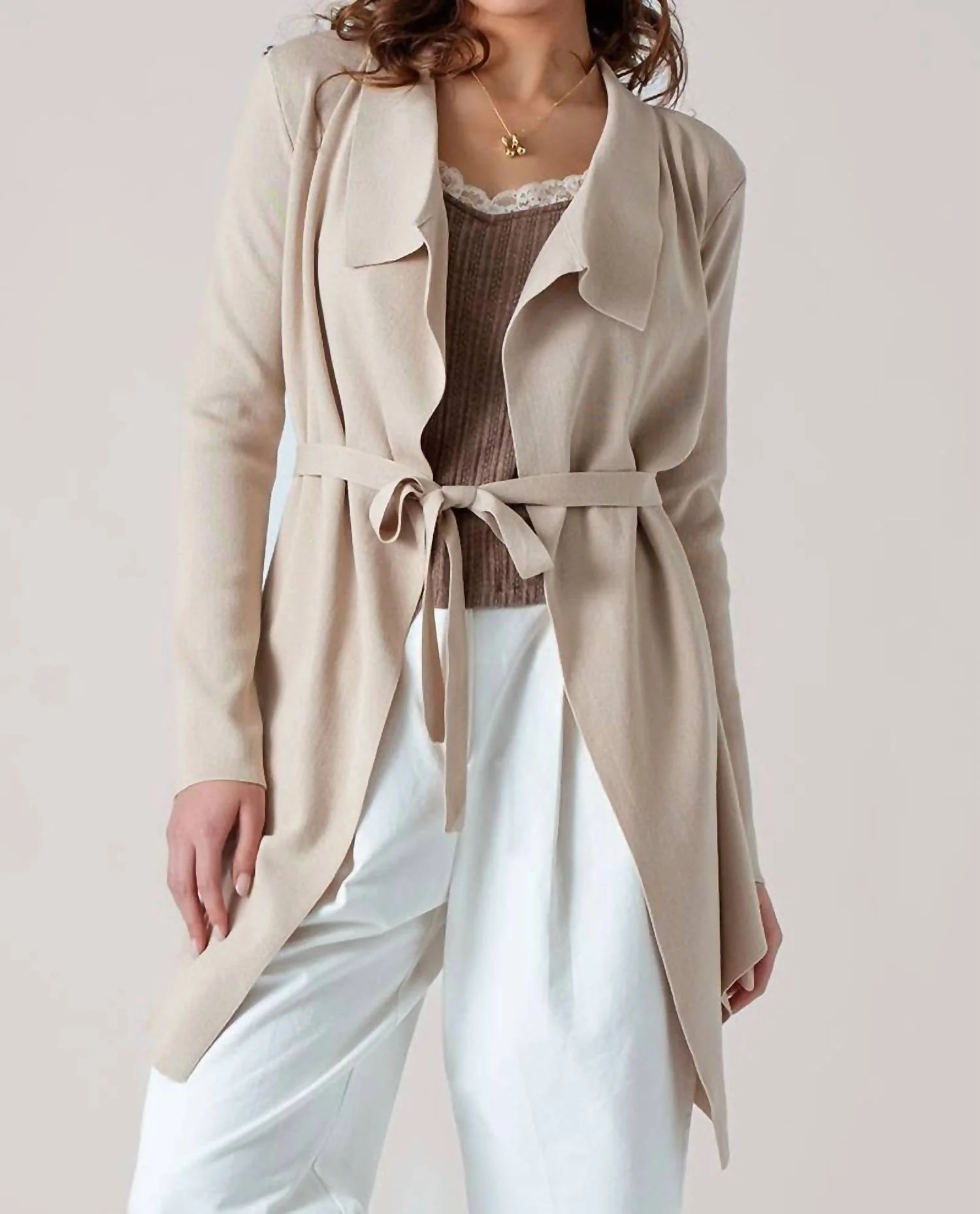Draped Front Long Sleeve Waist Tie Cardigan In Taupe