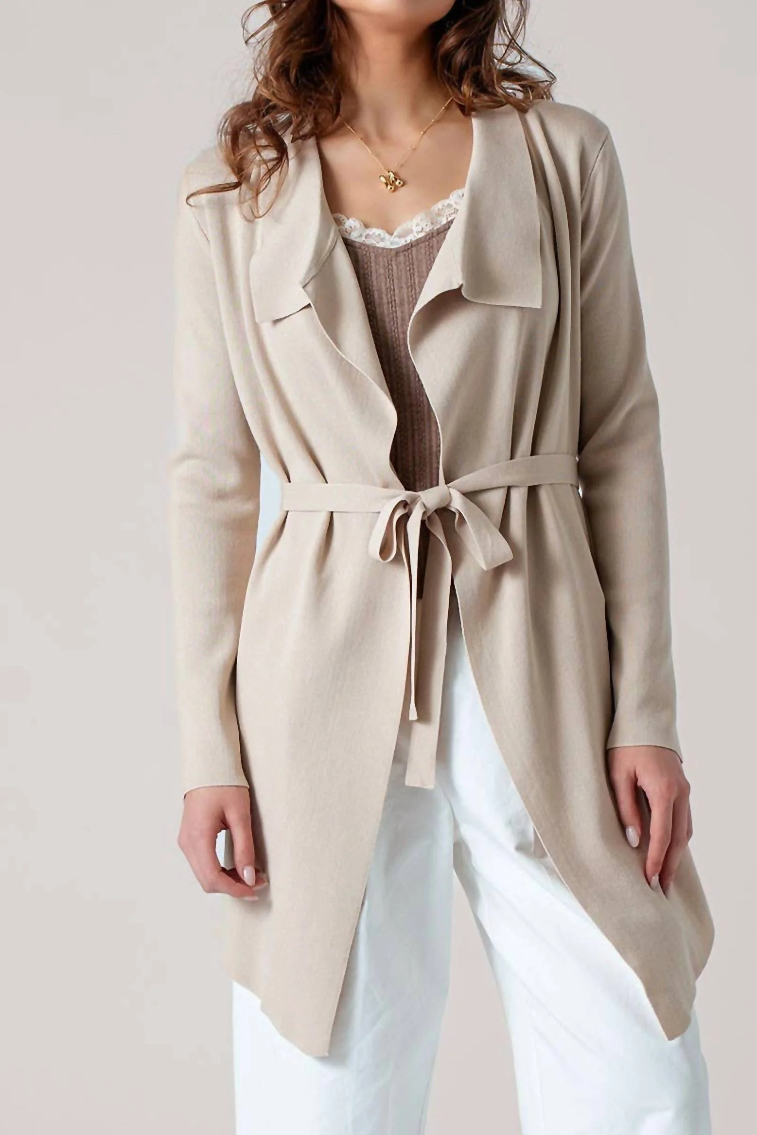 Draped Front Long Sleeve Waist Tie Cardigan In Taupe - Image 2