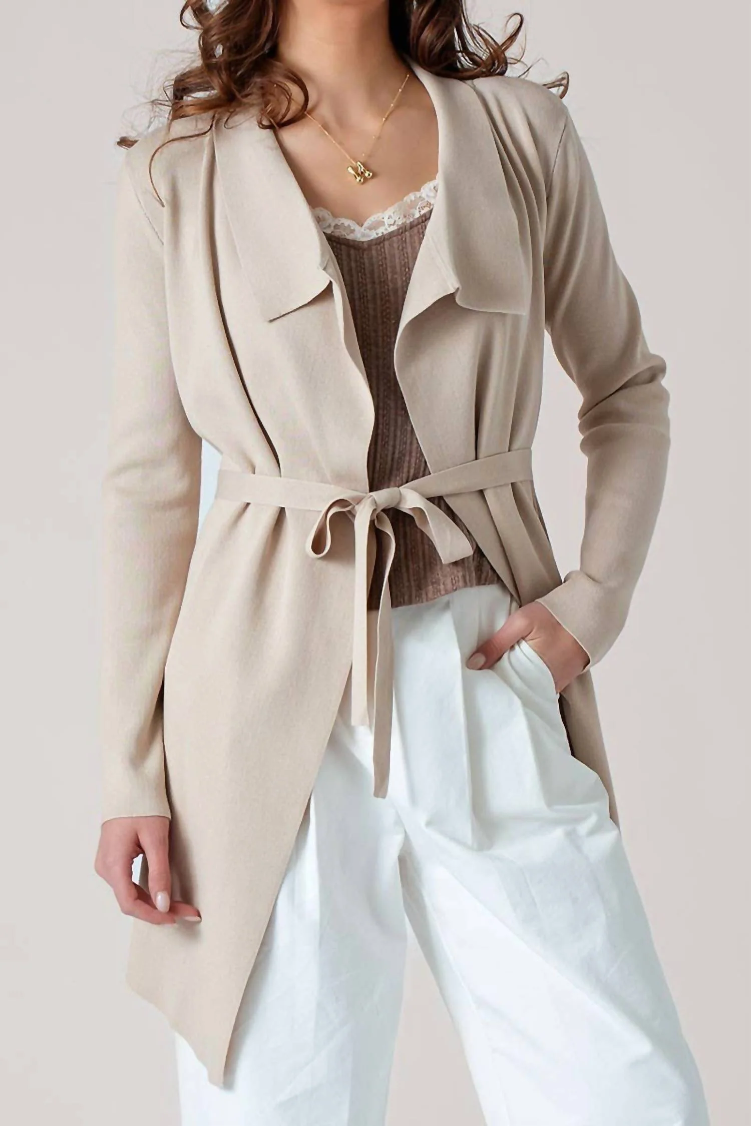 Draped Front Long Sleeve Waist Tie Cardigan In Taupe - Image 3