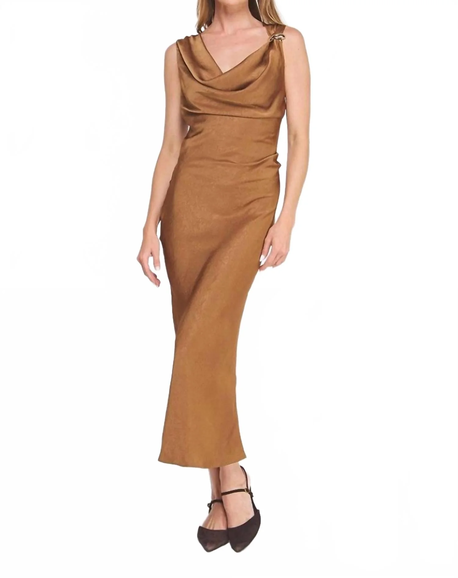 Draped Midi Dress With Brooch Detail In Caramel