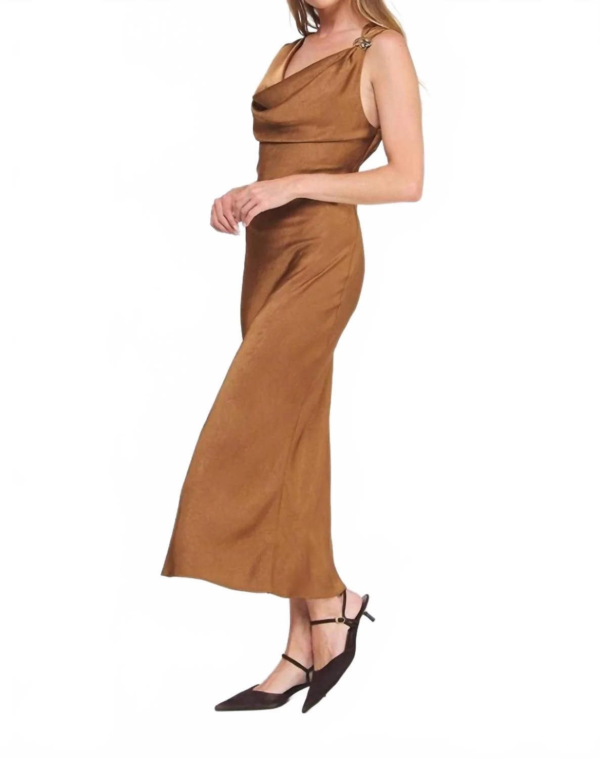 Draped Midi Dress With Brooch Detail In Caramel - Image 2
