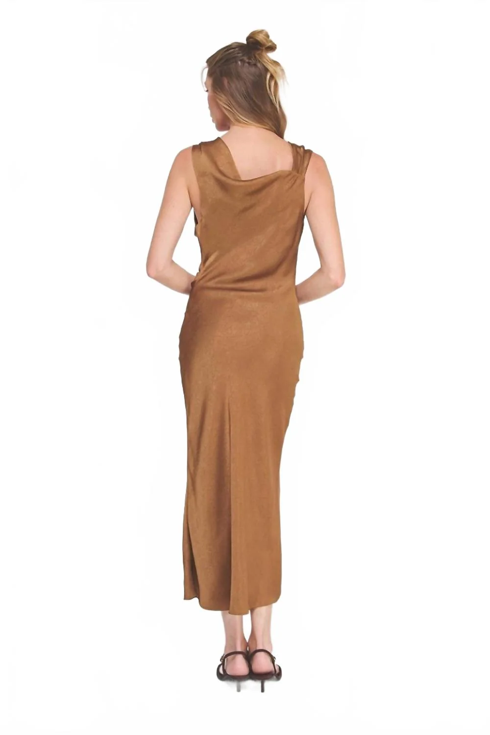 Draped Midi Dress With Brooch Detail In Caramel - Image 3