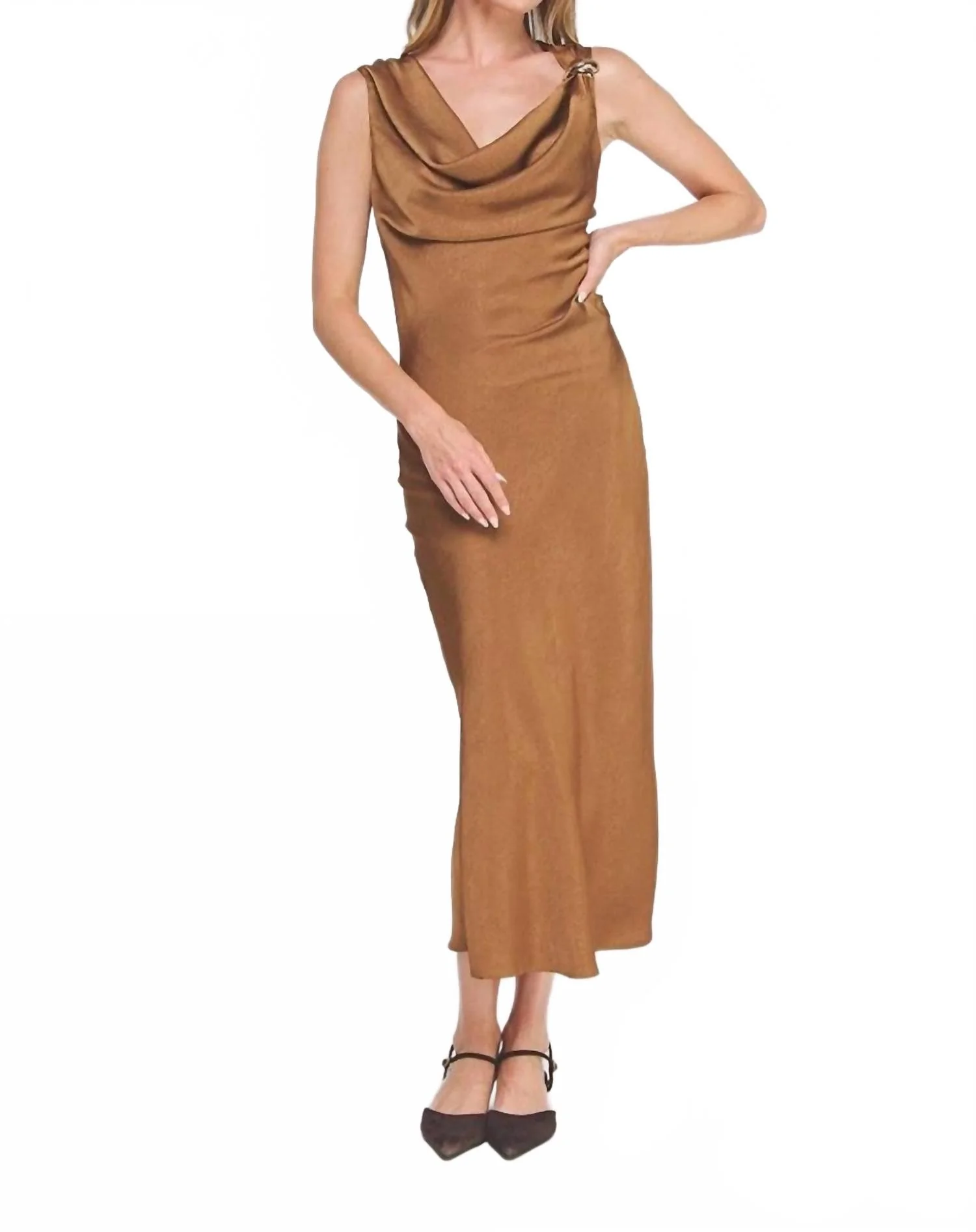 Draped Midi Dress With Brooch Detail In Caramel - Image 4
