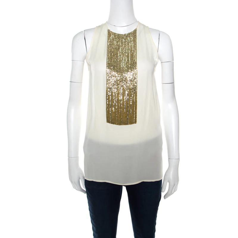 Dsquared2 Beige Embellished Panel Sleeveless Silk Top