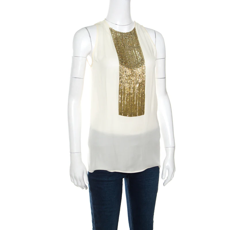 Dsquared2 Beige Embellished Panel Sleeveless Silk Top - Image 2