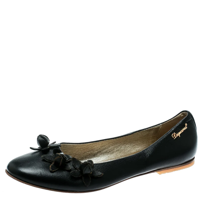 Dsquared2 Black Leather Flower Detail Ballet Flats