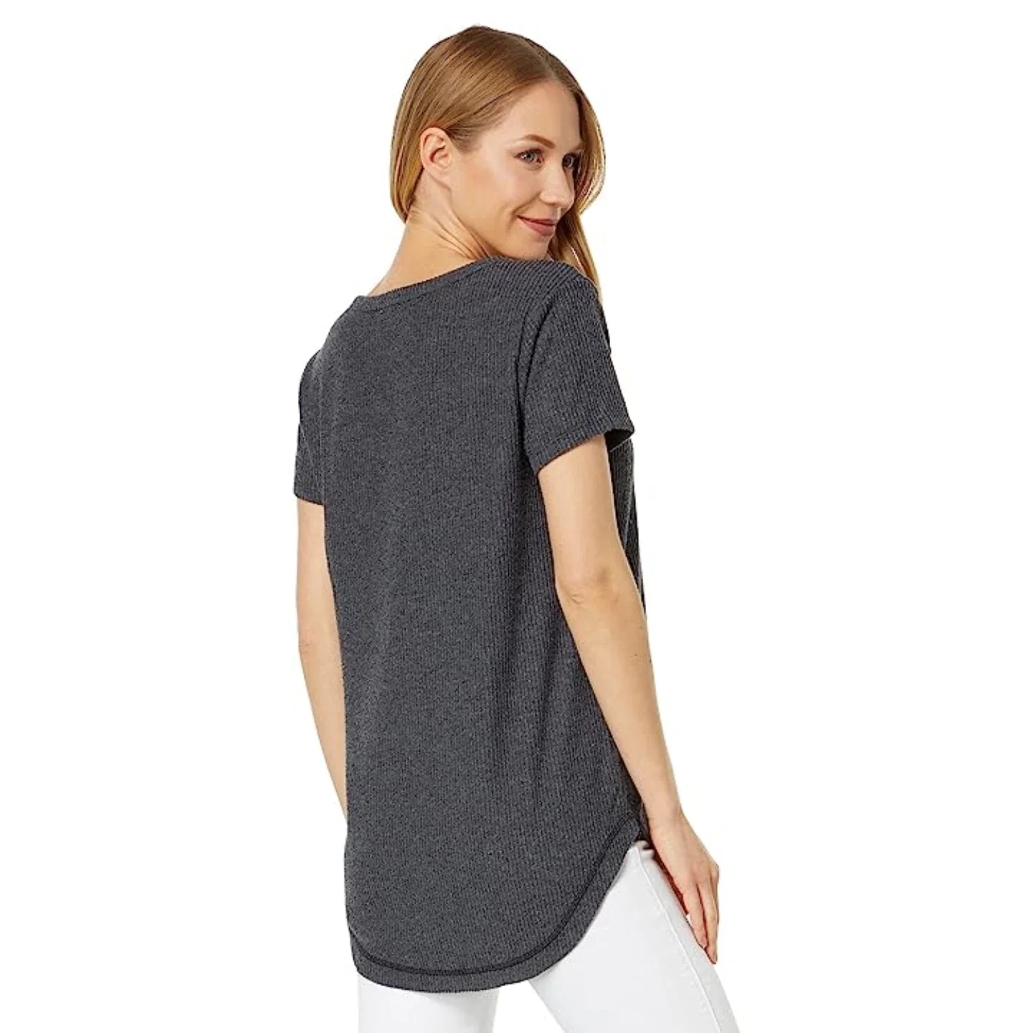 Dylan By True Grit T-Shirt Womens Black Ribbed Short Sleeve V-Neck FROG237 - Image 2