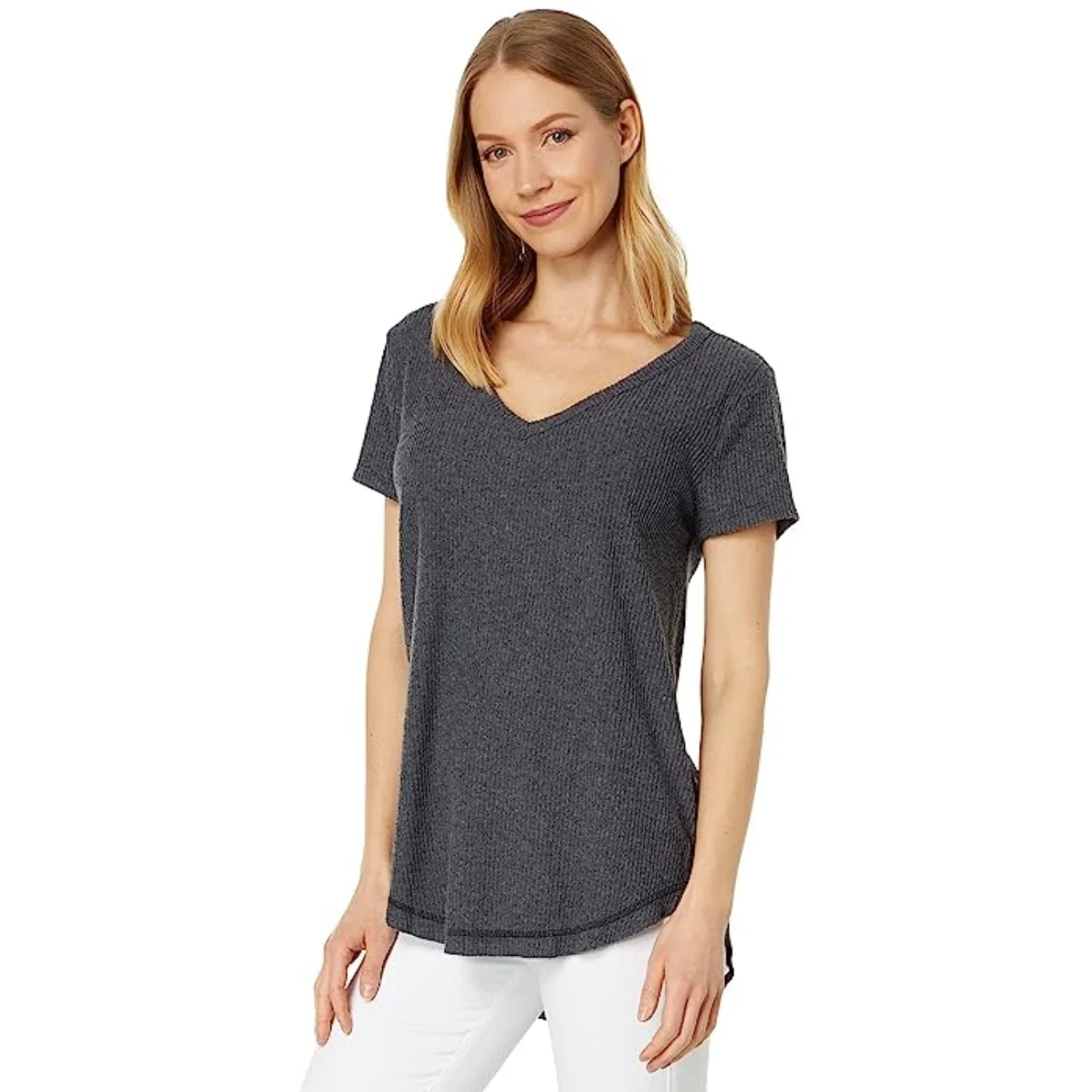 Dylan By True Grit T-Shirt Womens Black Ribbed Short Sleeve V-Neck FROG237 - Image 3