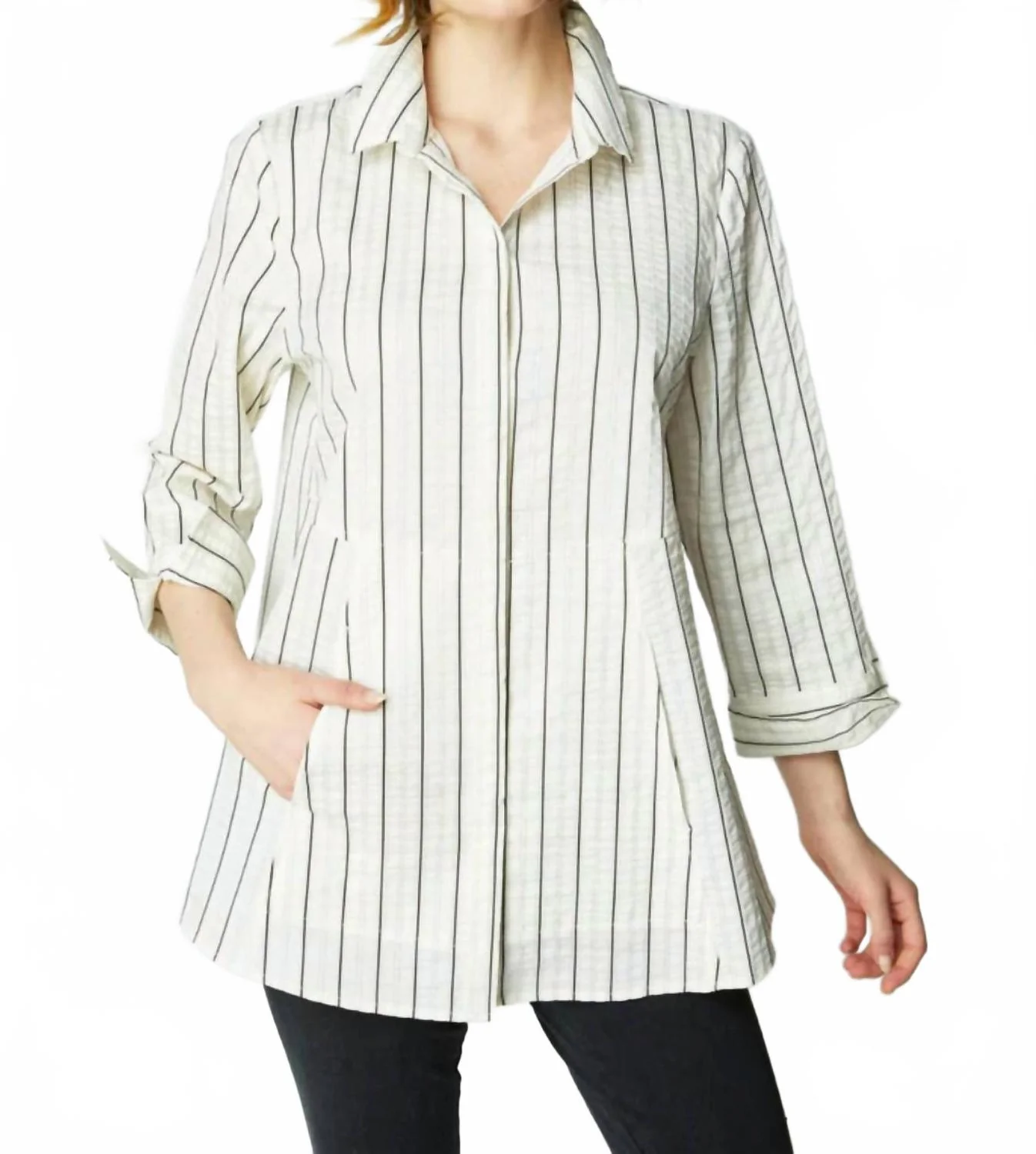 East Side Stripes Hidden Placket Shirt In Winter White