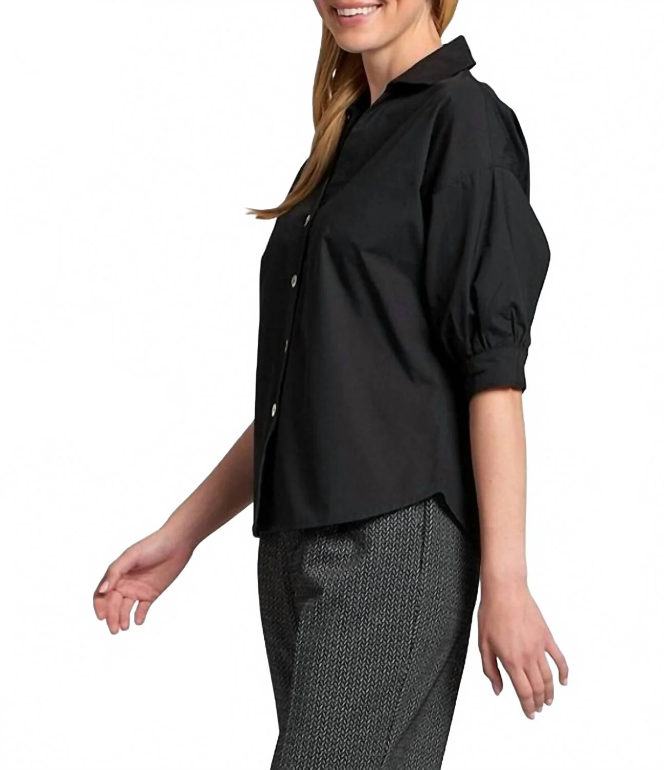 Elbow Sleeve Blouson Sleeve Shirt In Black - Image 3