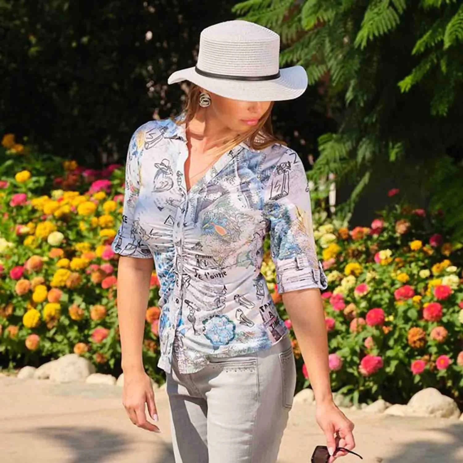 Elegant Toile Print Collared Knit Blouse In Multi