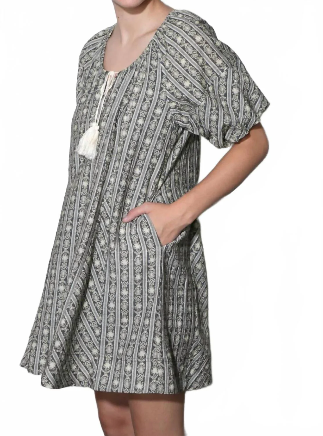 Elena Stripe Pattern Bubble Sleeve Popover Dress In Grey - Image 3