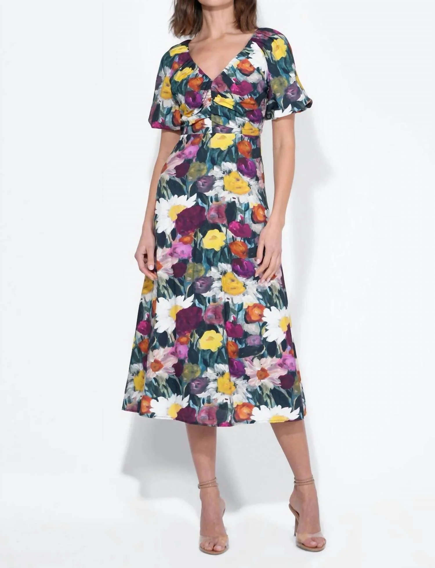 Elinda Ruched Front Midi Dress In Multi
